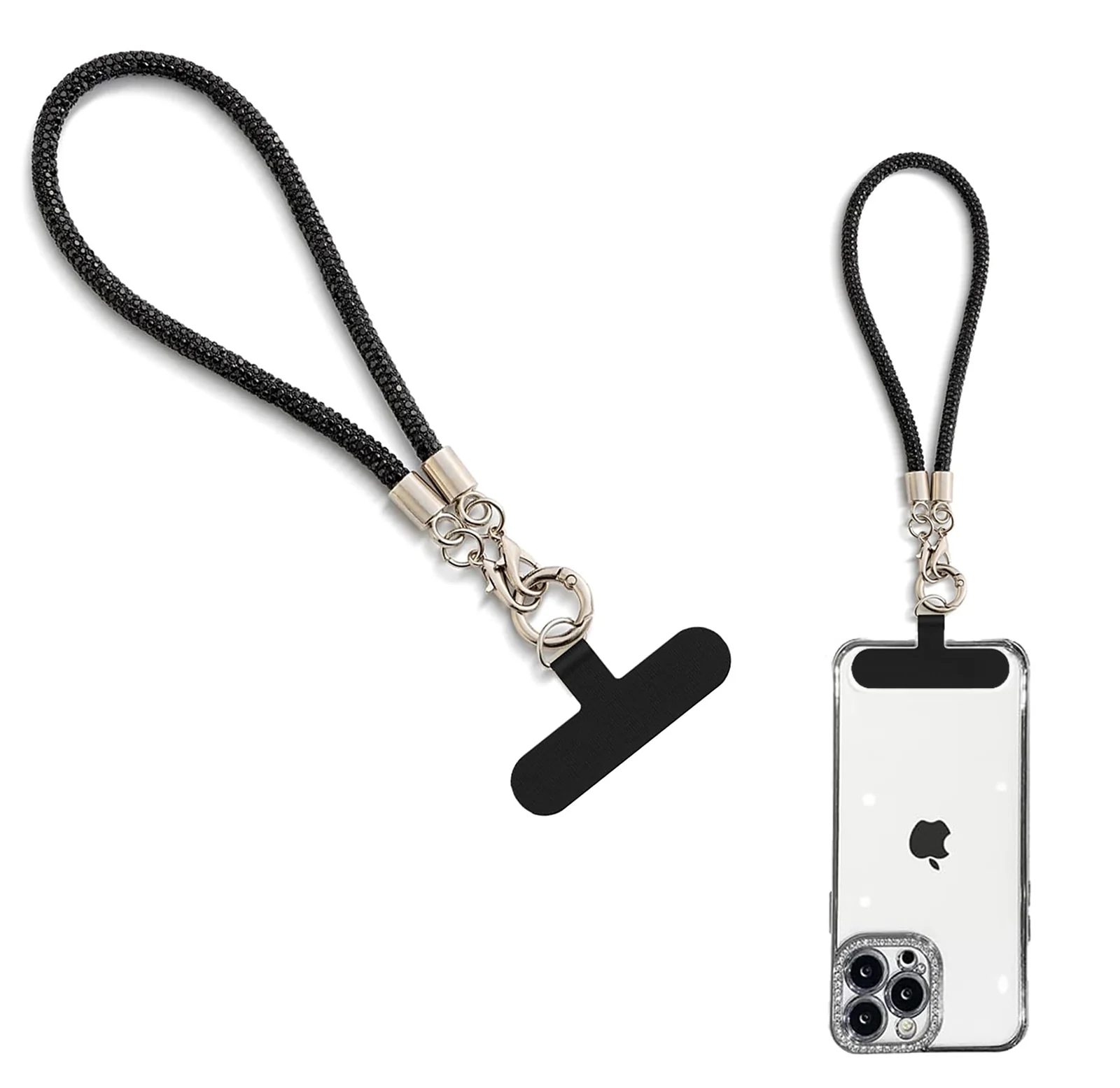DL3 Mobilak Glitter Phone Wrist Strap, Bling Rhinestone Short Hand Lanyard Bracelet with Keychain & Card Holder, Universal Mobile Phone Chain & Handbag Strap for Women - Black