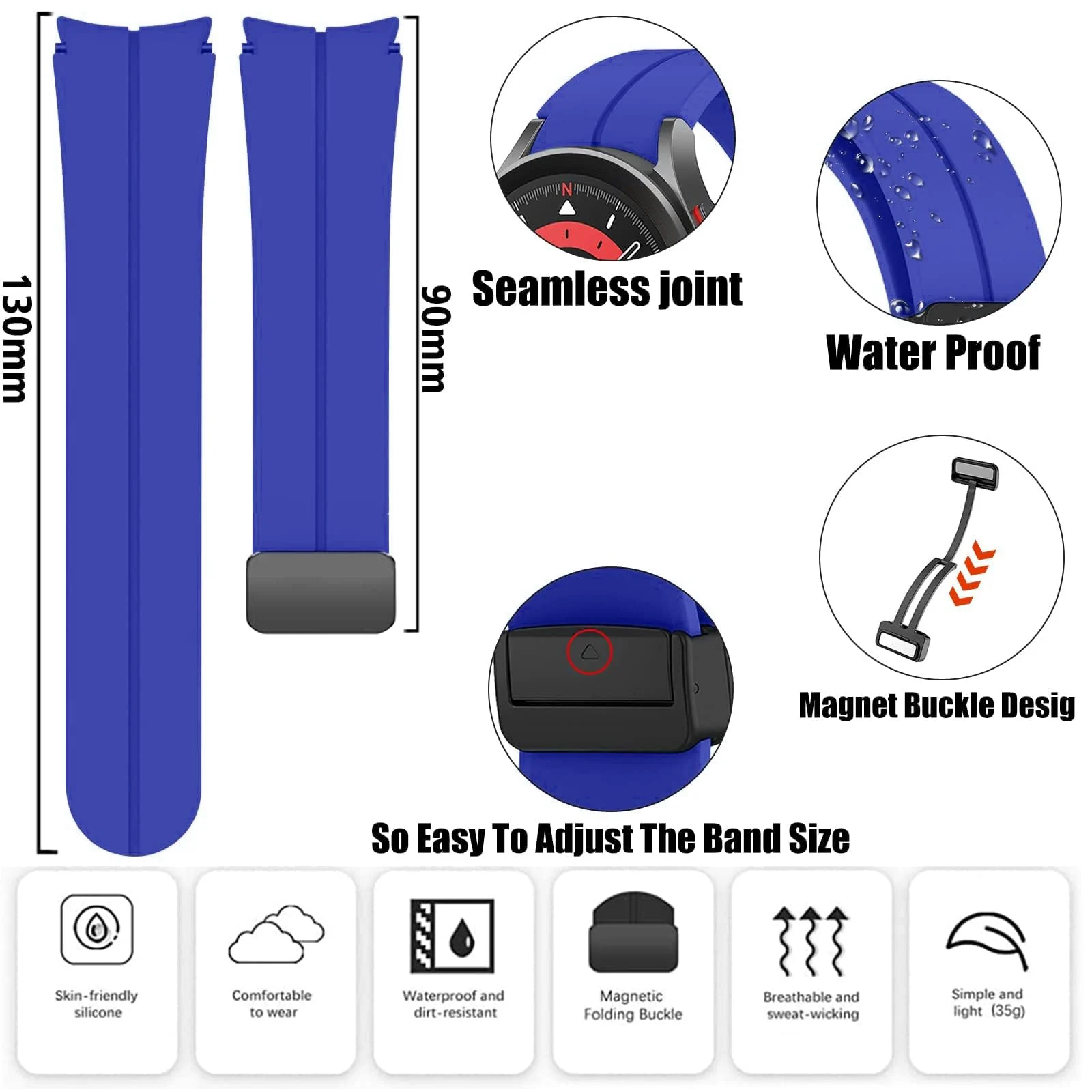 DL3 MOBILAK Magnetic for Samsung Galaxy Watch 6/5/4 Band 40mm 44mm/Galaxy Watch 6 Classic Bands 47mm 43mm/watch 4 Classic 46mm 42mm,Silicone Strap for Samsung Watch 5 Pro 45mm,No Gap Buckle - Blue