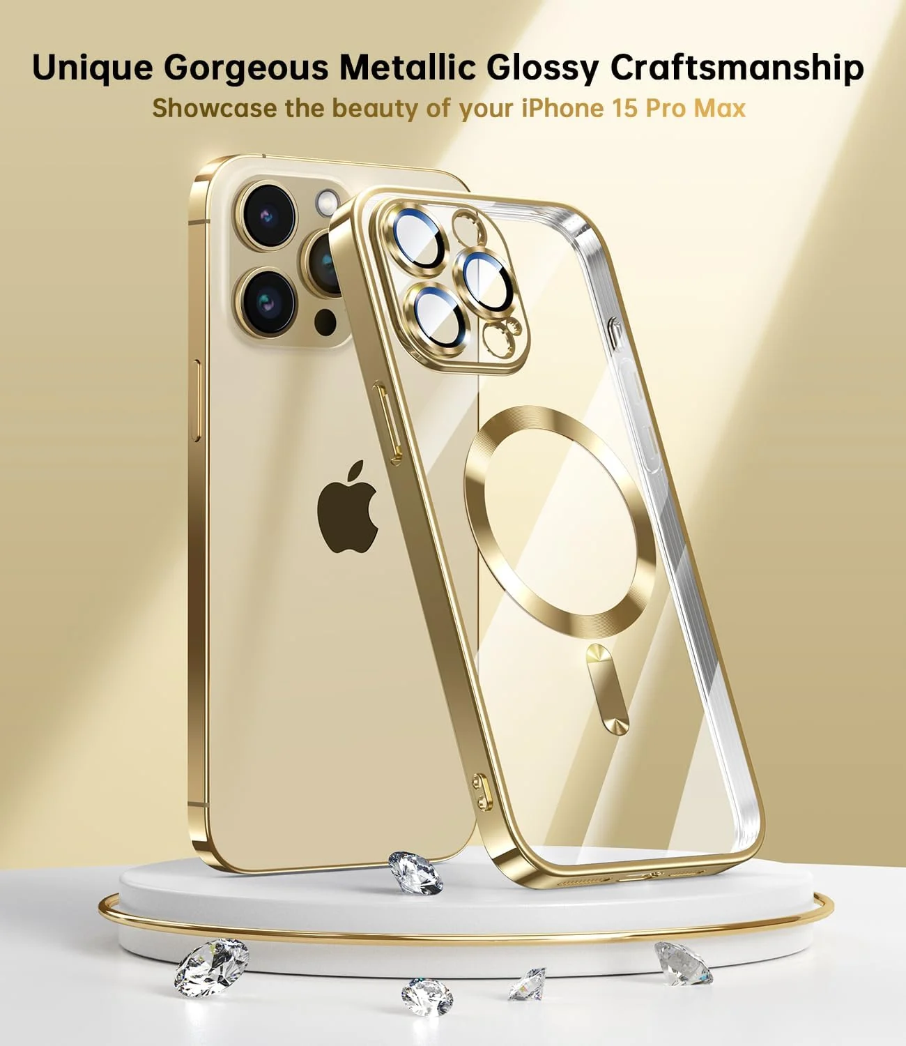 DL3 Mobilak Glitter Protective Case for iPhone 15 Pro Max 6.7-Inch, Compatible with MagSafe accessories, Camera protection, Shock-absorbing protection - Gold