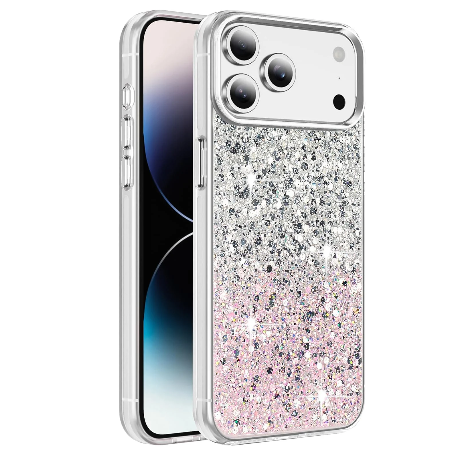 DL3 Mobilak Glitter Rhinestone Protective Case for iPhone 17 Pro Max 6.9-Inch with Shockproof Design - White Pink
