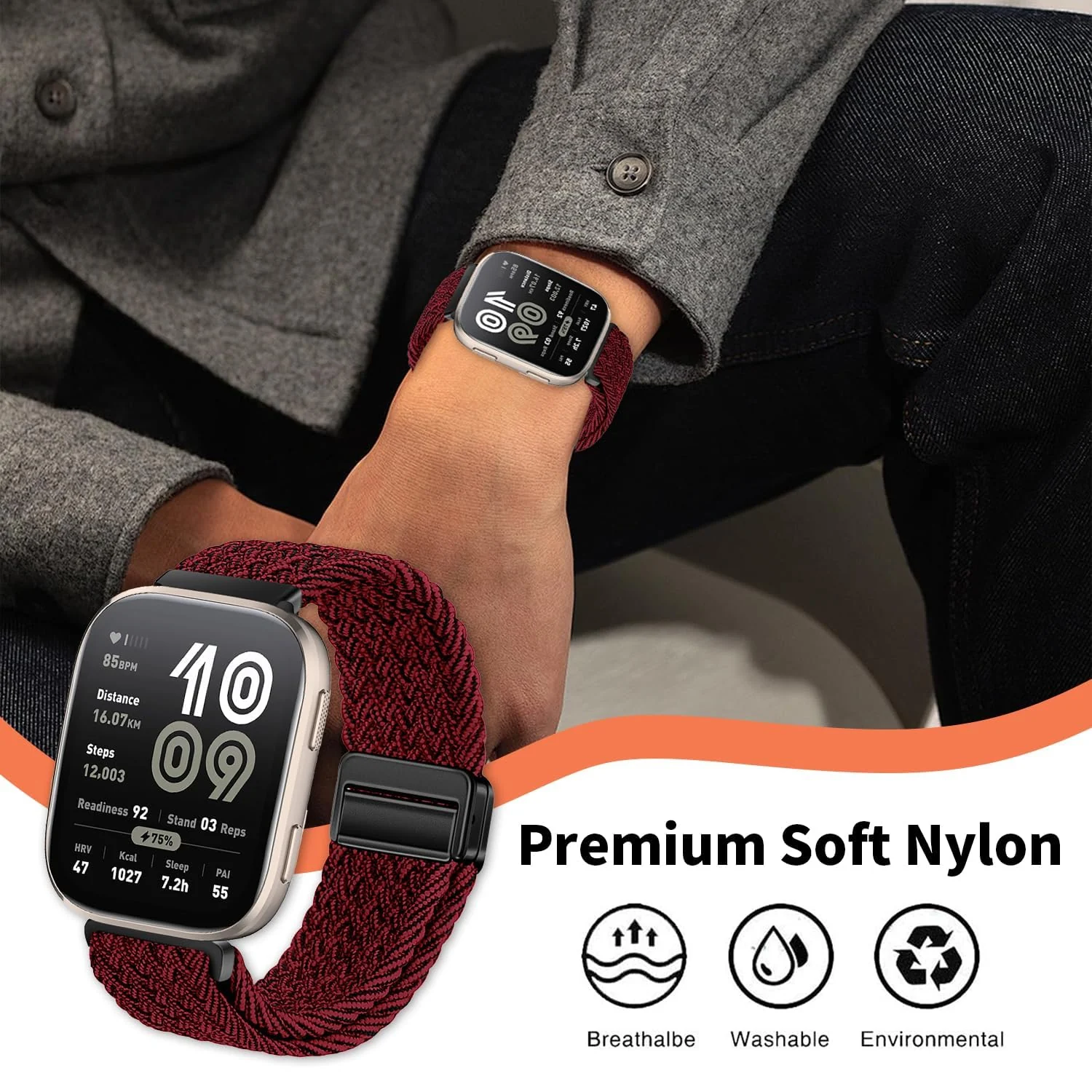 DL3 Mobilak Braided Bracelet Compatible with Redmi Watch 4/5 / 6 / Xiaomi Smart Band 8 Pro/Band 9 Pro, Nylon Magnetic Fabric Elastic Sport Nylon Replacement Strap for Men Women - Red Black