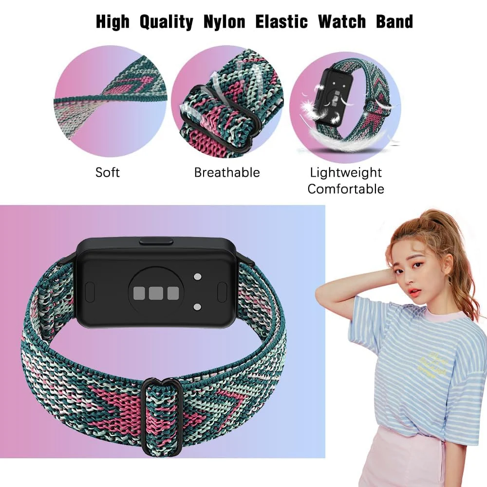 DL3 Mobilak Strap Compatible with Honor Band 7 / Huawei Band 7, Soft Elastic Nylon Straps, Adjustable Stretchy Sports Replacement Bracelets Wristbands for Women Men - Green