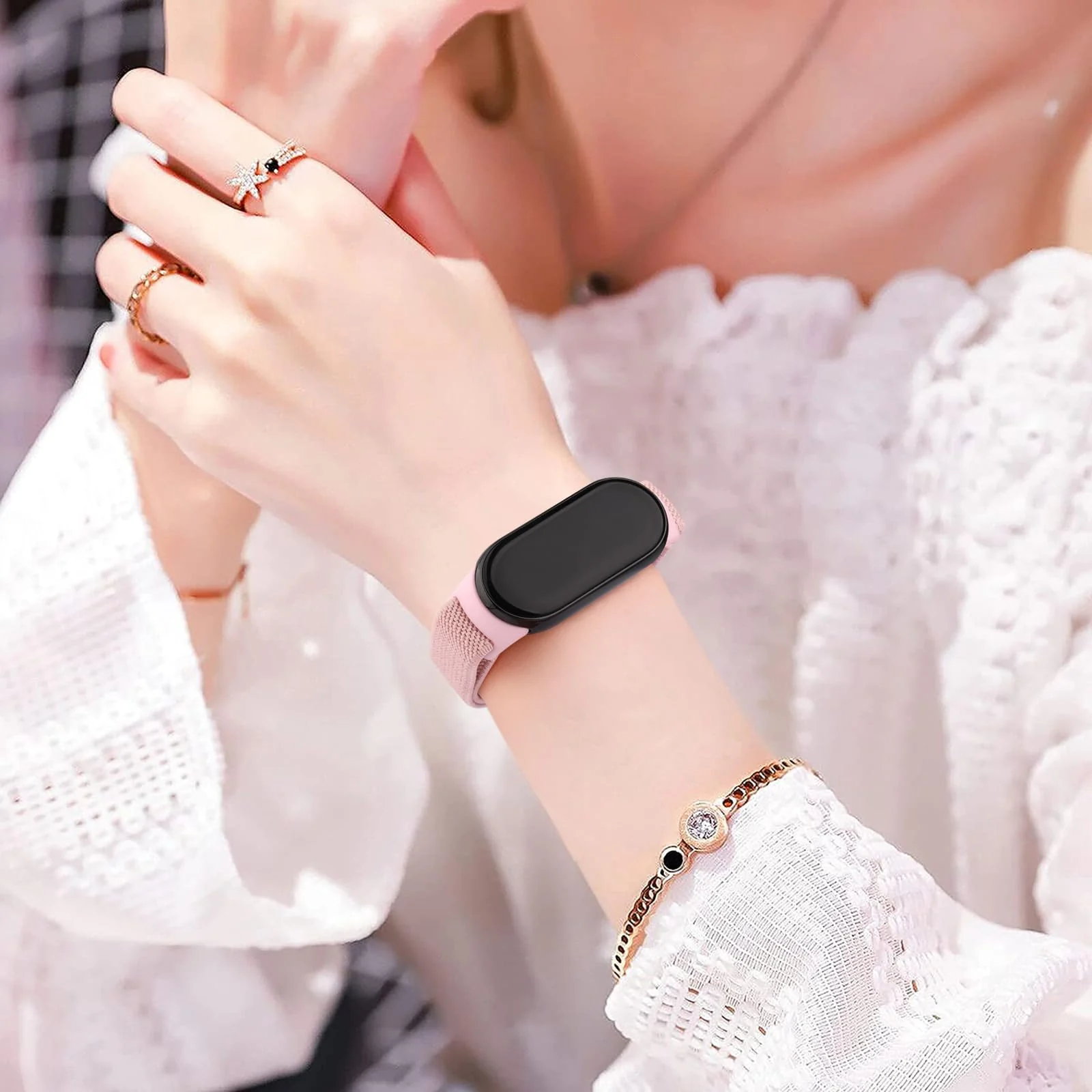 DL3 Mobilak Strap for Xiaomi Mi Band 10 / Xiaomi Mi Band 9 / Xiaomi Mi Band 8, Elastic Nylon Straps, Adjustable Breathable Replacement Bracelet for Xiaomi Smart Band 8/9/10 for Women Men - Pink
