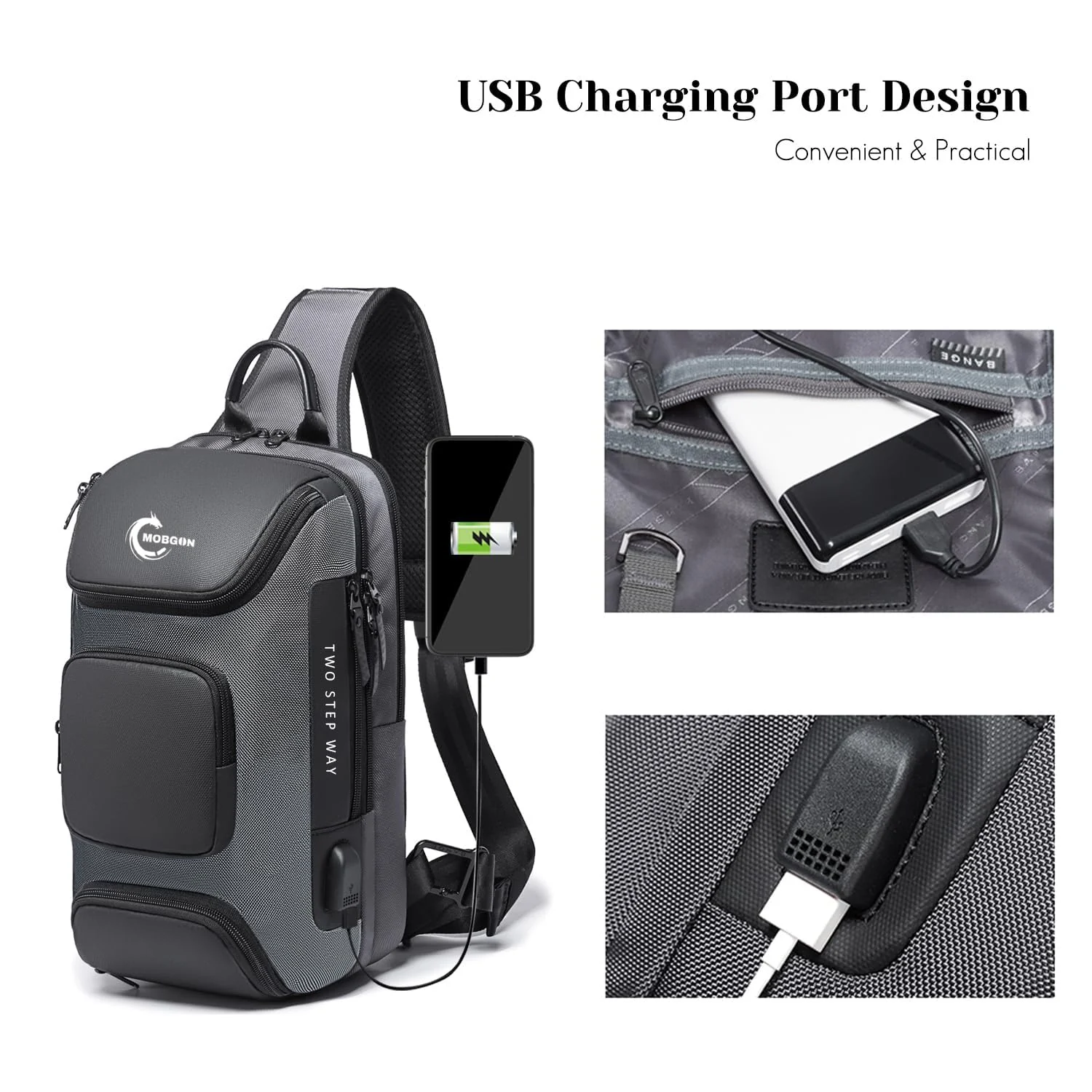 Mobigon Laptop Sling Backpack Anti Theft Bag, Hiking Daypack 13 Inch Fits iPad - Tablet 7 to 9.7 Inch Nylon Travel Bags for Men, Single Shoulder Camping Dayback with USB Charging Port - Gray