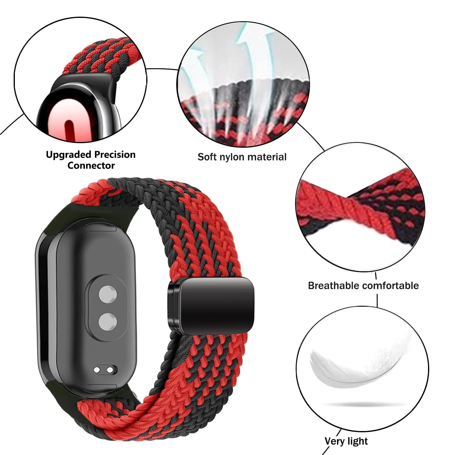 DL3 Mobilak Braided Strap for Xiaomi Mi Band 10/9/8, Men Women Breathable Elastic Nylon with Magnetic Buckle Watch Band for Xiaomi Smart Band 10/Xiaomi Smart Band 9/8 - Red Black