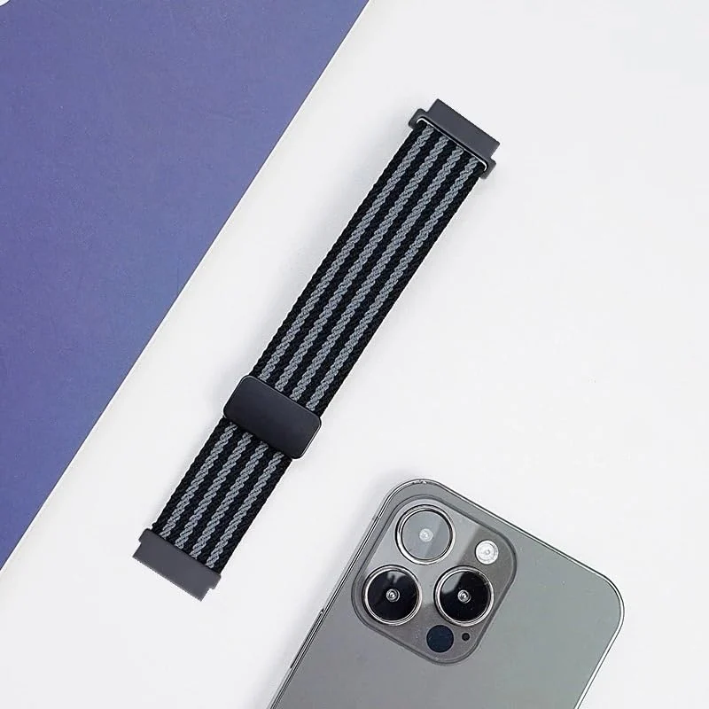 DL3 Mobilak 18mm Nylon Braided band compatible with Huawei Watch GT6 41mm/GT5 Pro 42mm/GT5 41mm/GT4 41mm/Huawei Watch 5 42mm, Magnetic Buckle Stretchy Nylon Strap for Garmin Venu 2S/3S/Vivomove 3S/Vivoactive 4S - Black Striped