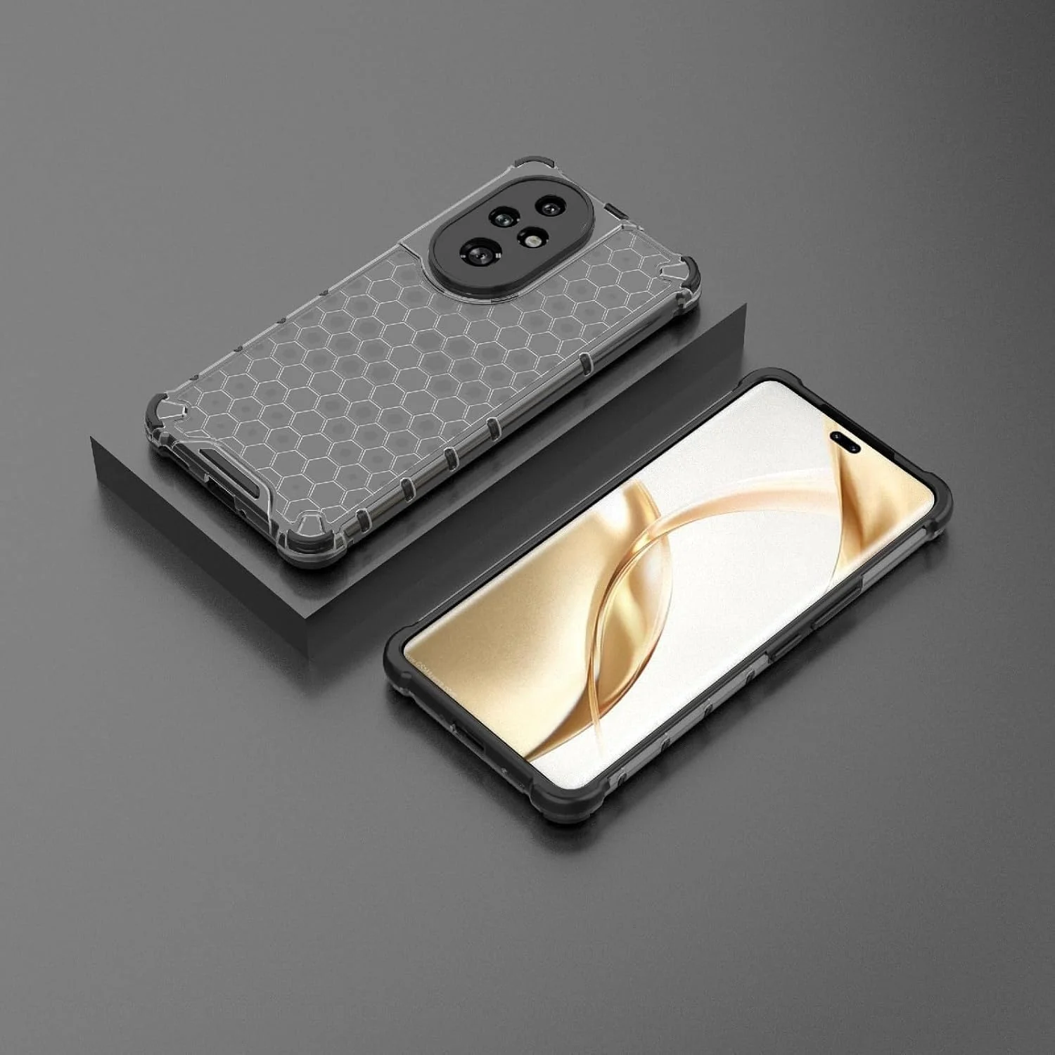 DL3 Mobilak Case For Honor 200 Pro 5G, [Honeycomb Design] Drop Protection, Ultra Thin TPU + PC Transparent Silicone Protective Case, Shockproof Cover - Black