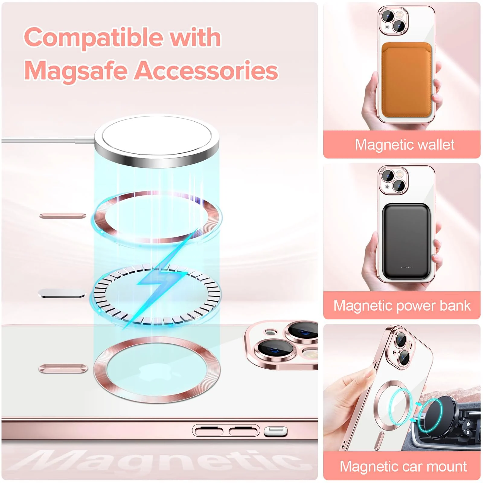 DL3 Mobilak Plated-Edge Protective Case for iPhone 15 6.1-Inch, Compatible with MagSafe accessories, Supports wireless charging, Camera protection - Rose Gold