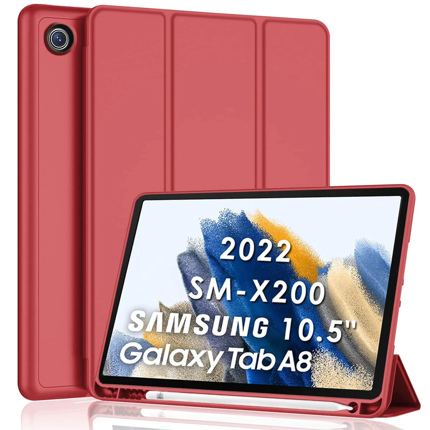 DL3 Mobilak Smart Case for Samsung Galaxy Tab A8 10.5 Inch 2021(-X200/-X205/-X207) with Pencil Holder, Soft TPU Smart Stand Back Cover Auto Wake/Sleep Feature - Red