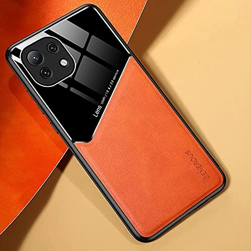 DL3 Mobilak Luxury Case For Xiaomi 11 Lite 5G NE/Xiaomi Mi 11 Lite (4G/5G), Ultra-Thin Soft TPU Frame, Back Leather Mixed Double+Plexiglass Protective Cover With Built-in Car Magnetic - Orange