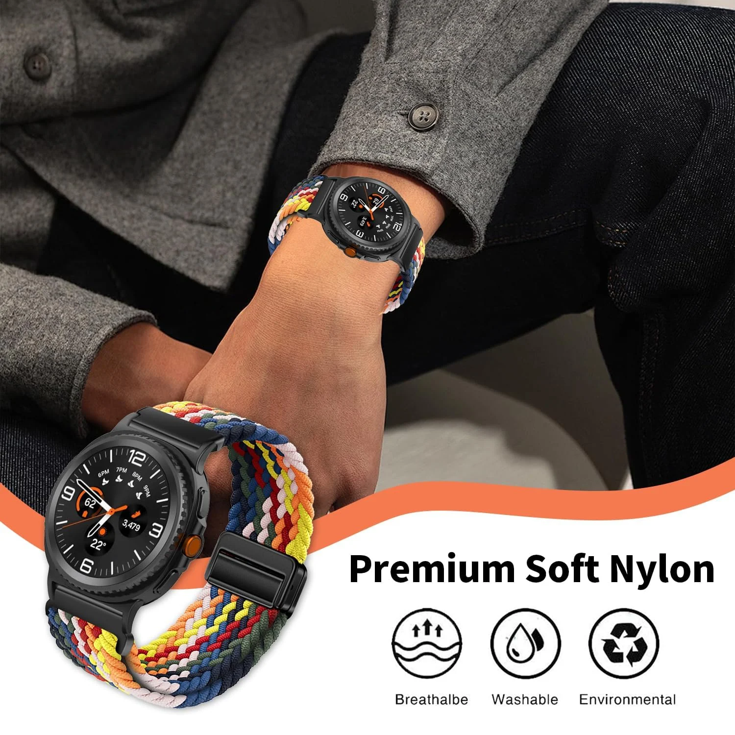 DL3 Mobilak 22mm Magnetic Band for Redmi Watch 5 Active/5 Lite/Samsung Galaxy Watch 3 45mm/Watch 46mm/Gear S3/Huawei watch GT6 GT5 46MM/GT2E/GT6 Pro/GT 5 Pro/Amazfit GTR 4/3, Stretchy Braided Nylon Sport Strap - Official Colorful