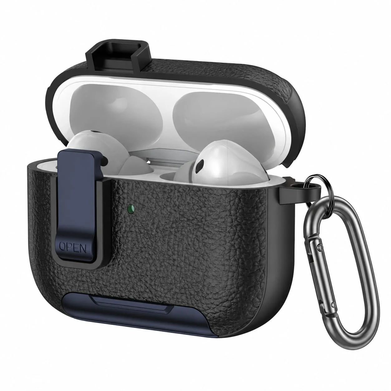 Mobigon for AirPods Pro 2nd / 1st Leather Case with Secure Lock Clip, Support Wireless Charge, Stand and Charging Port Dustproof Design with Carabiner for AirPods Pro 2 (Black/Blue)