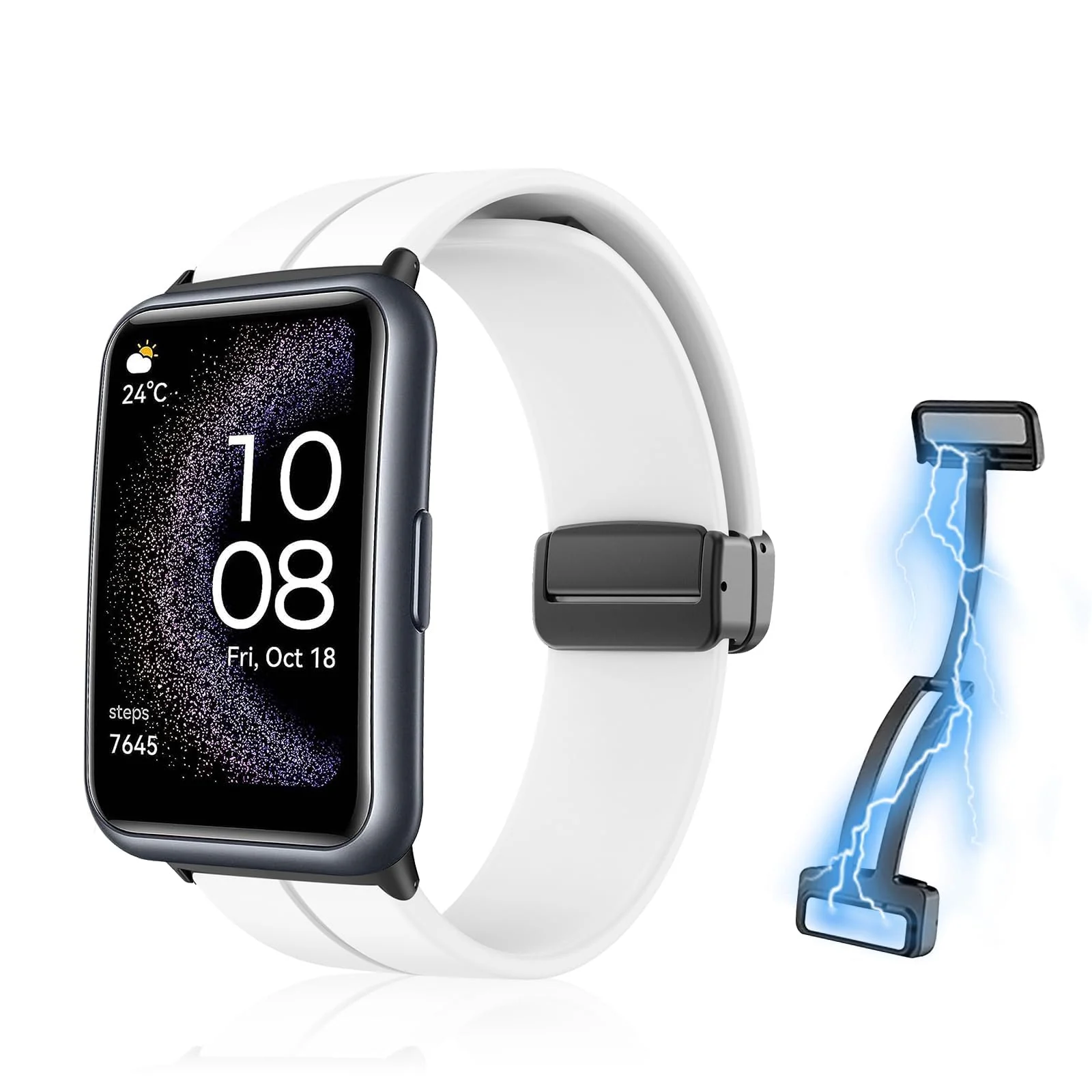 DL3 Mobilak Silicone Strap Compatible with Huawei Watch Fit Magnetic Metal Stainless Buckle Sport Silicone Strap for Huawei Watch Fit Band Quick Release Soft Replacment Wristband - White