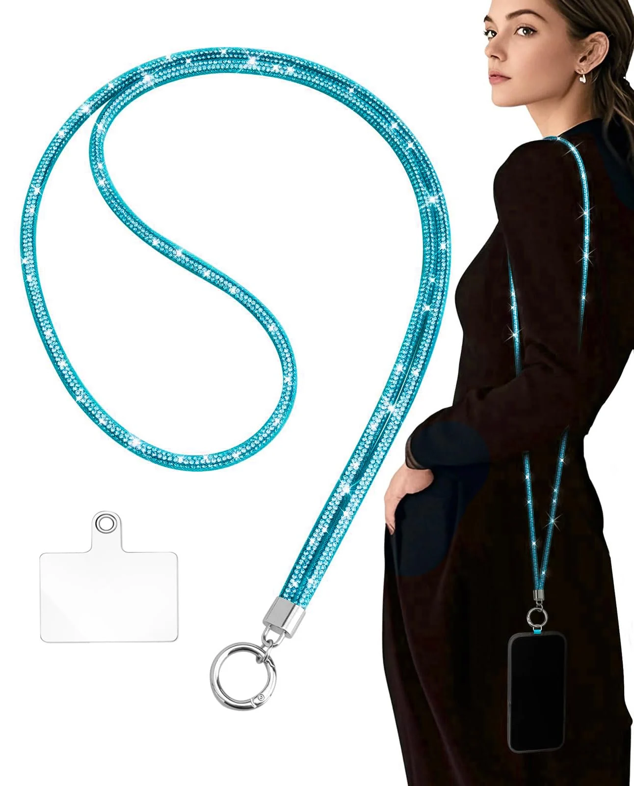 DL3 Mobilak Universal Phone Lanyard Crossbody, Rhinestone Cell Phone Chain Anti-Theft with 1× Shiny Phone Strap, 1× Pad for Most Smartphones, Diamond Phone Neck Holder for Women