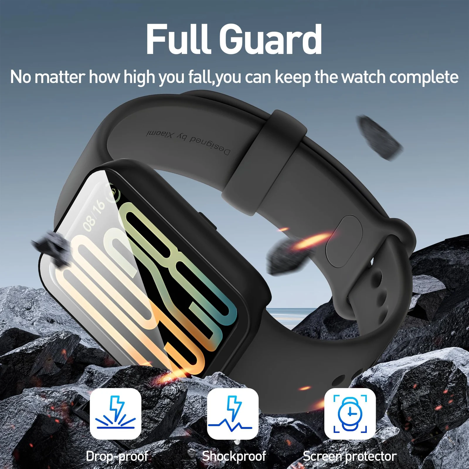 DL3 Mobilak Case with Screen Protector for Xiaomi Smart Band 9 Pro, Bumper Full Coverage Hard PC Overall Protective Cover, Built-in Tempered Glass Film High Sensitivity - Black