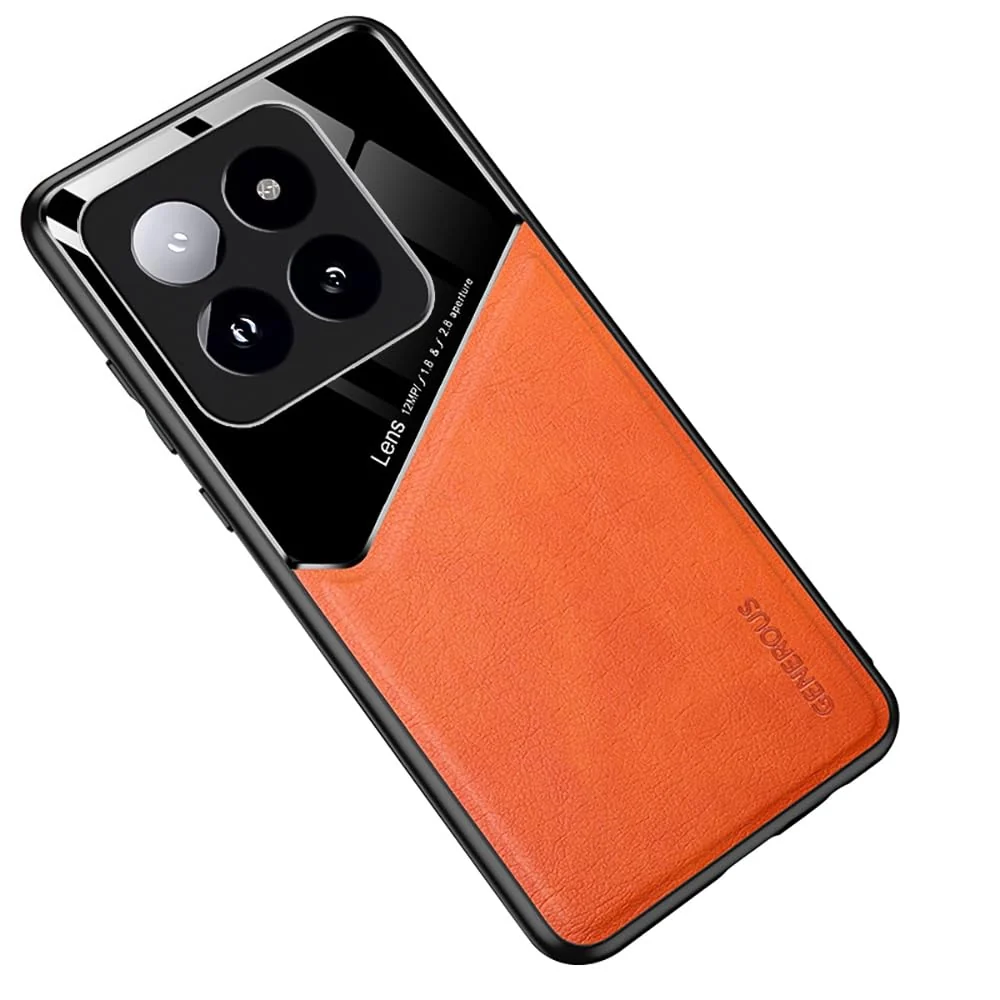 DL3 Mobilak Faux Leather and Plexiglass TPU Case for Xiaomi 14 Pro with Magnetic Car-Mount Support and Shockproof Design - Orange