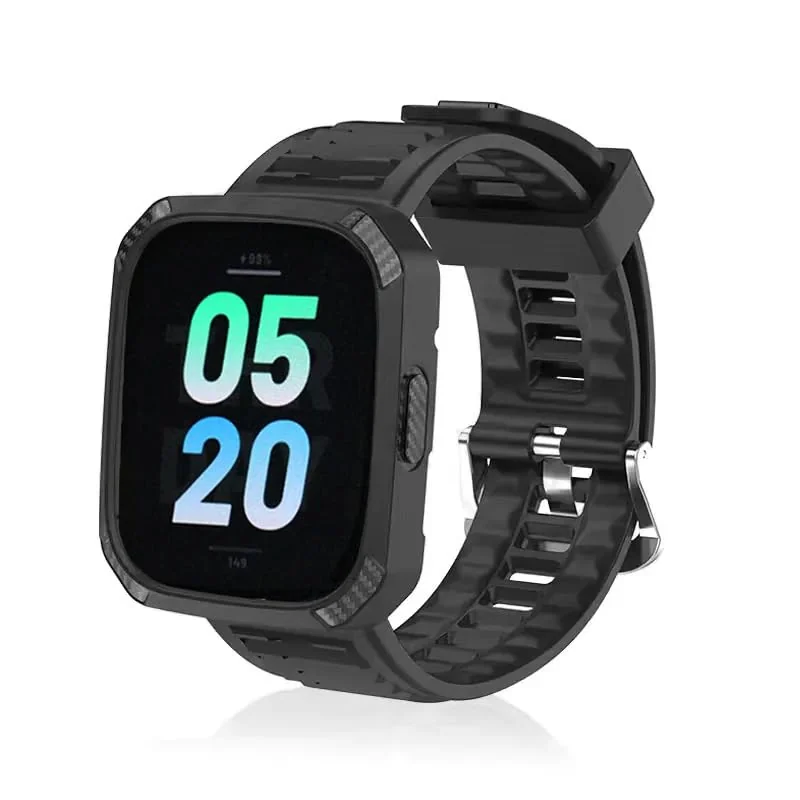 DL3 Mobilak Silicone Strap Carbon Fibre With Case Cover for Xiaomi Redmi Watch 3 Integrated strap Wristband Bracelet Metal Buckle correa Smartwatch Accessories For Redmi Watch3 - Black