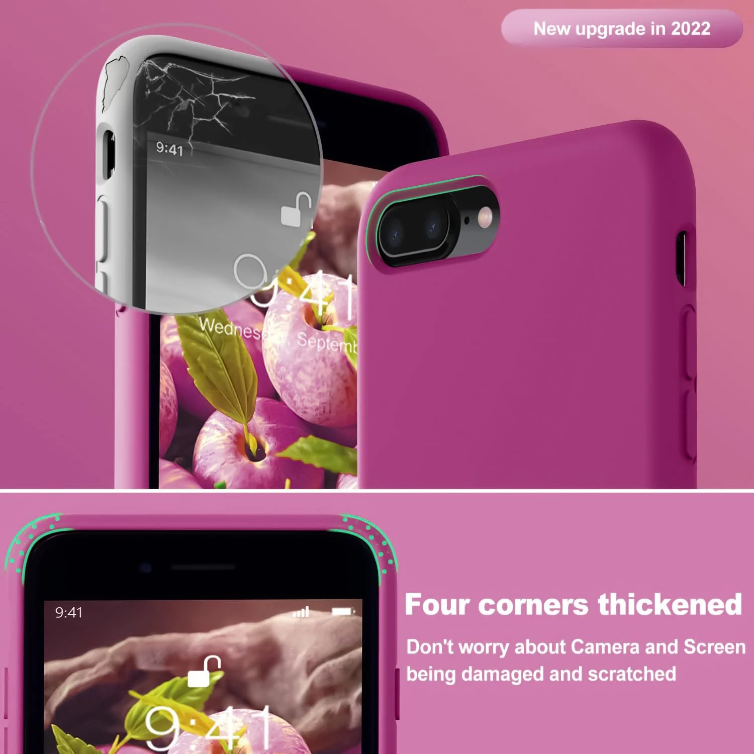 DL3 Mobilak Liquid Silicone Protective Case for iPhone 7 Plus / iPhone 8 Plus with Camera Protection and Microfiber Lining - Fuchsia