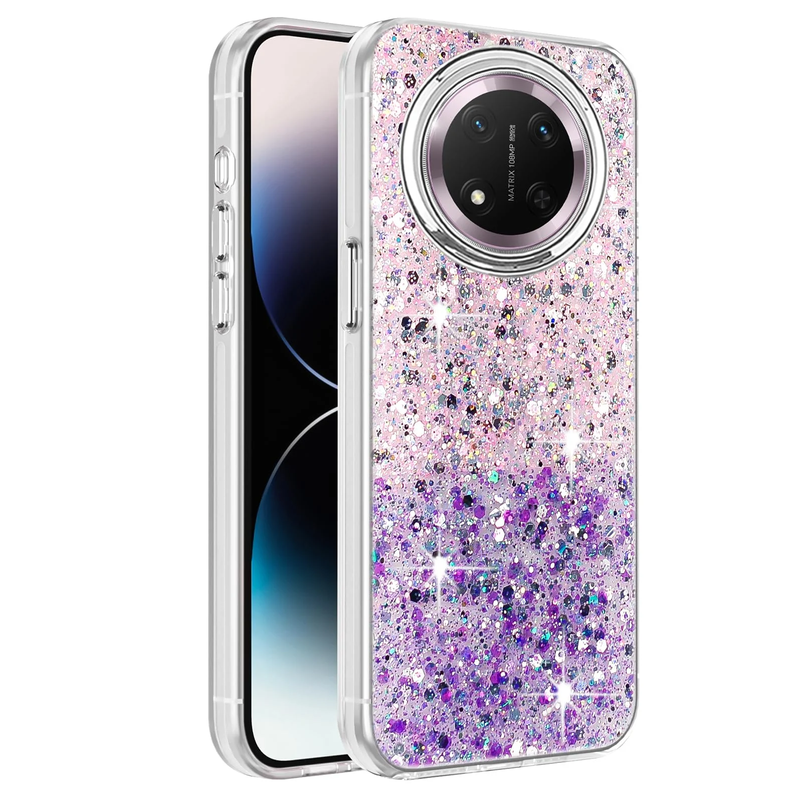 DL3 Mobilak Compatible with Honor X9C Case, Clear Glitter Bling Sparkly, Soft TPU Frame Bumper, Hard-Back Cover for Women & Girls, Transparent Protective Phone Case - Pink Purple