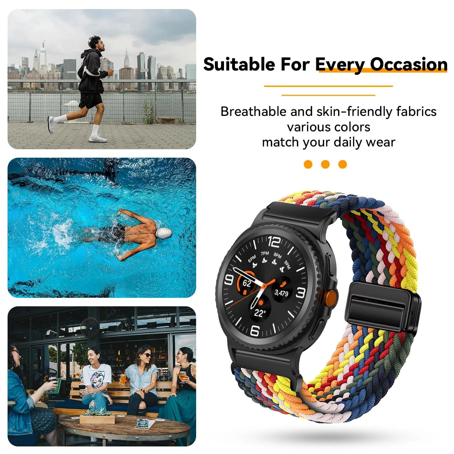 DL3 Mobilak 22mm Magnetic Band for Redmi Watch 5 Active/5 Lite/Samsung Galaxy Watch 3 45mm/Watch 46mm/Gear S3/Huawei watch GT6 GT5 46MM/GT2E/GT6 Pro/GT 5 Pro/Amazfit GTR 4/3, Stretchy Braided Nylon Sport Strap - Official Colorful
