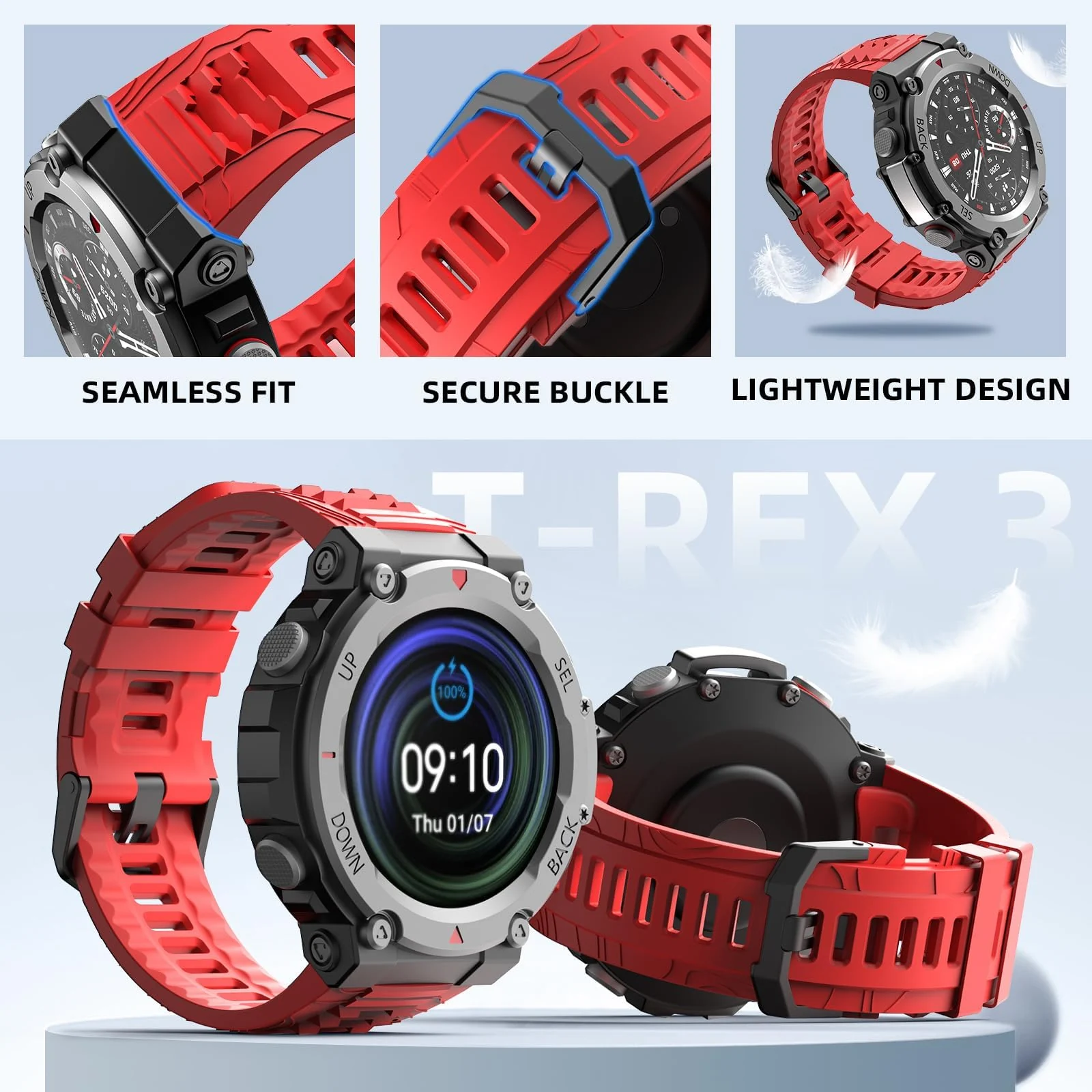 DL3 Mobilak Strap Compatible with Amazfit T-Rex 3, Men Women Sport Waterproof Soft Breathable Silicone Watch Bands Compatible with Amazfit T-Rex 3 with 1 Install Tool - Red