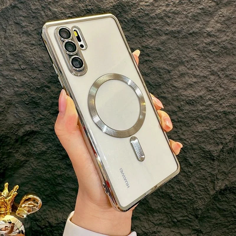 DL3 Mobilak Clear MagSafe-Compatible Magnetic Case for Huawei P30 Pro with Camera Protection and Shockproof Design - Silver