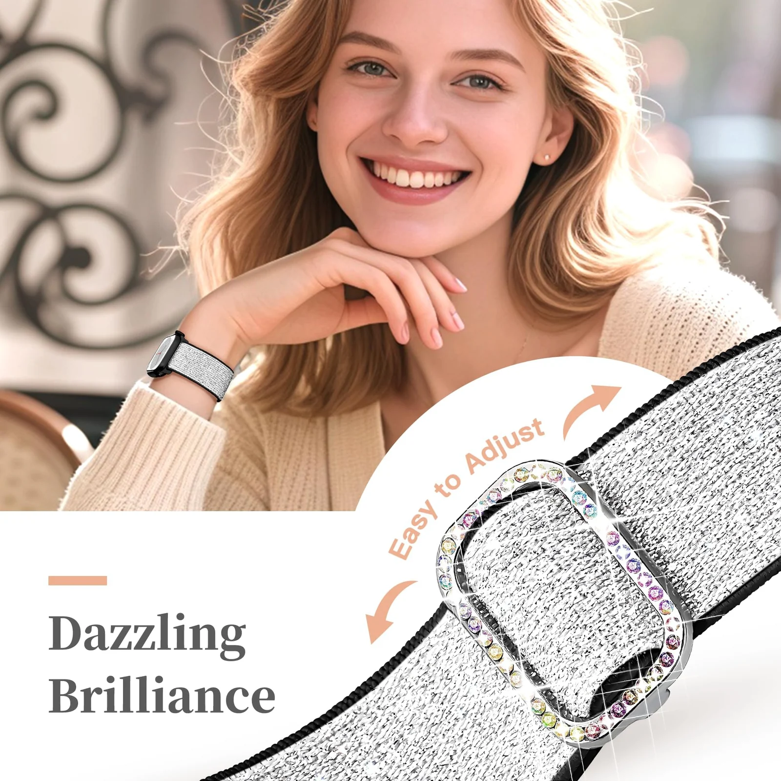 Dl3 Mobilak Stretchy Bling Band For Apple Watch 49mm 46mm 45mm 44mm 42mm Women, Nylon Sparkly Strap Solo Loop Glitter Wristband for iWatch Series 11 10 9 8 7 6 5 4 SE Ultra 3 2 1 (Silver/Black)