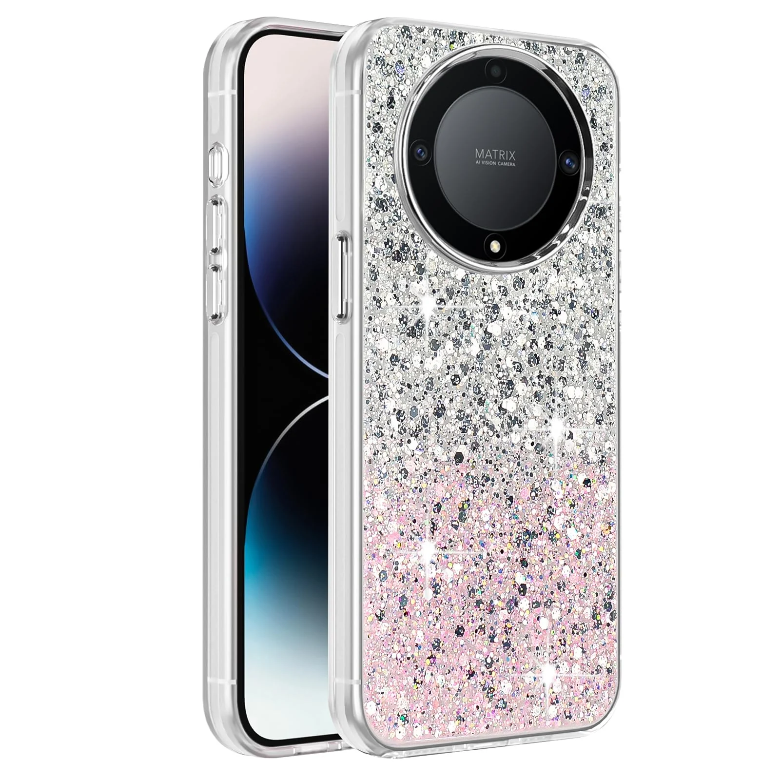 DL3 Mobilak Glitter Protective Case for Honor X9a, Supports wireless charging, Camera protection, Shock-absorbing protection - White Pink