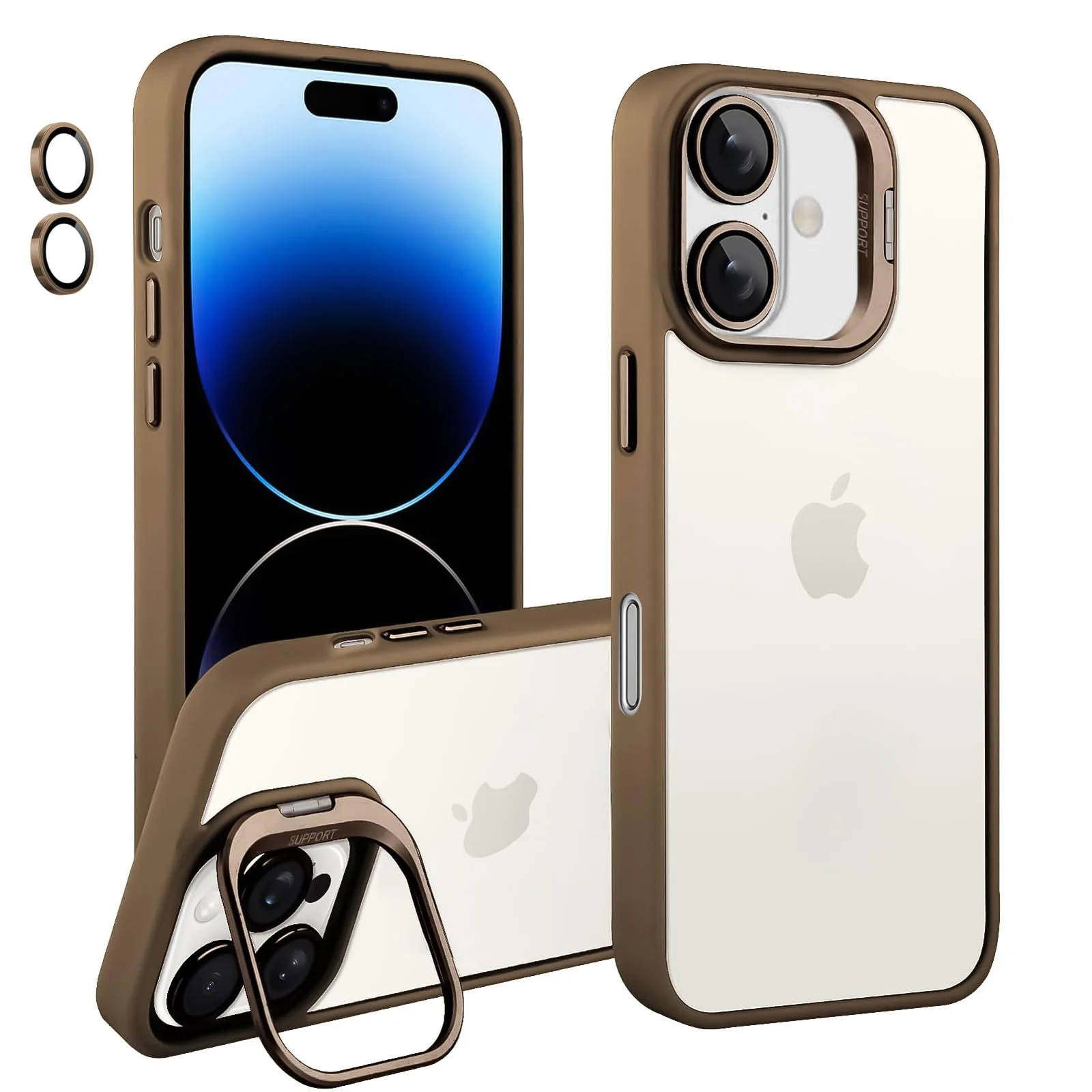 DL3 Mobilak Clear PC and TPU Case with Camera Ring Kickstand and Lens Protector for iPhone 16 - Desert Brown