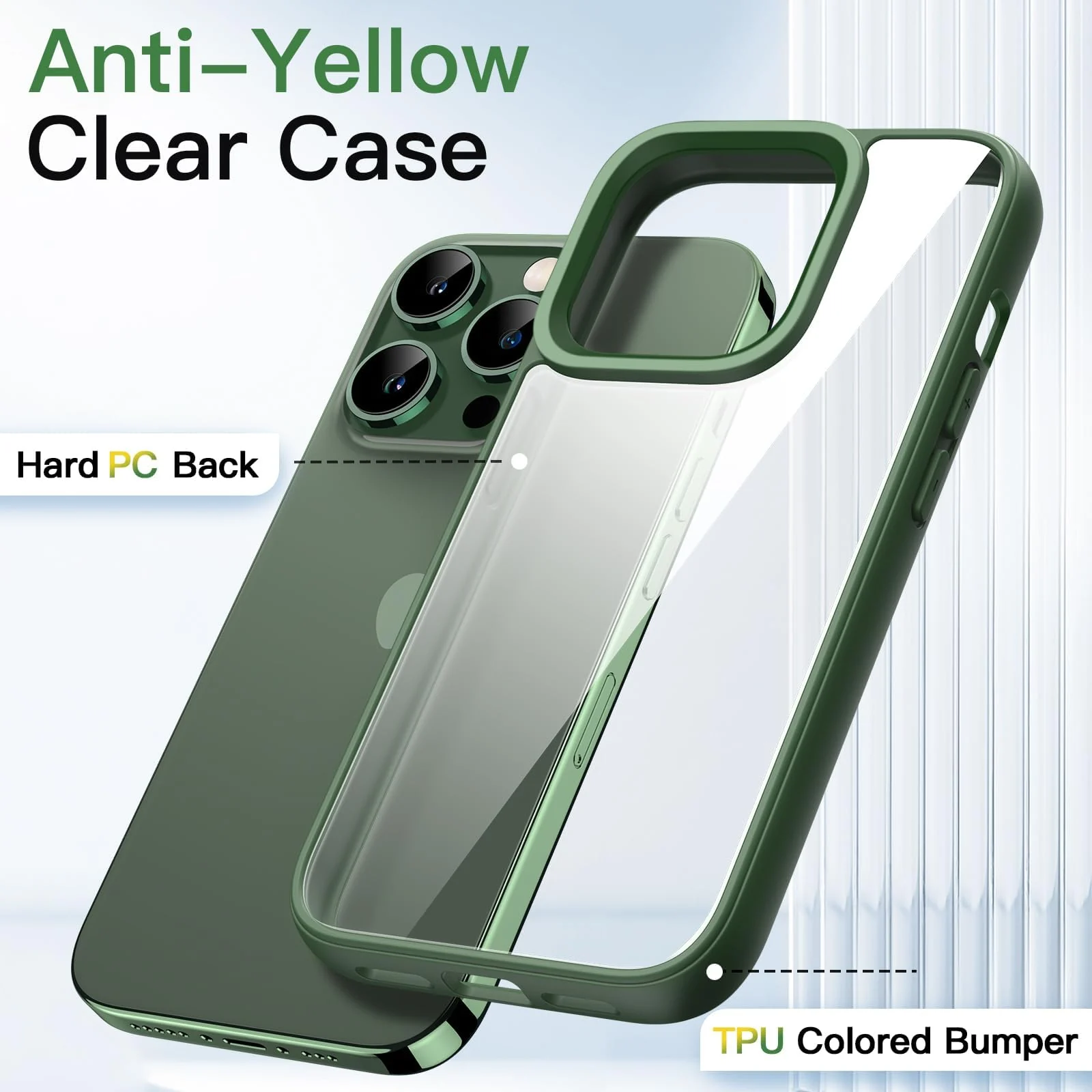 DL3 Mobilak Clear TPU Case for iPhone 15 Pro 6.1-Inch, Supports wireless charging, Shock-absorbing protection, Anti-fingerprint finish - Green