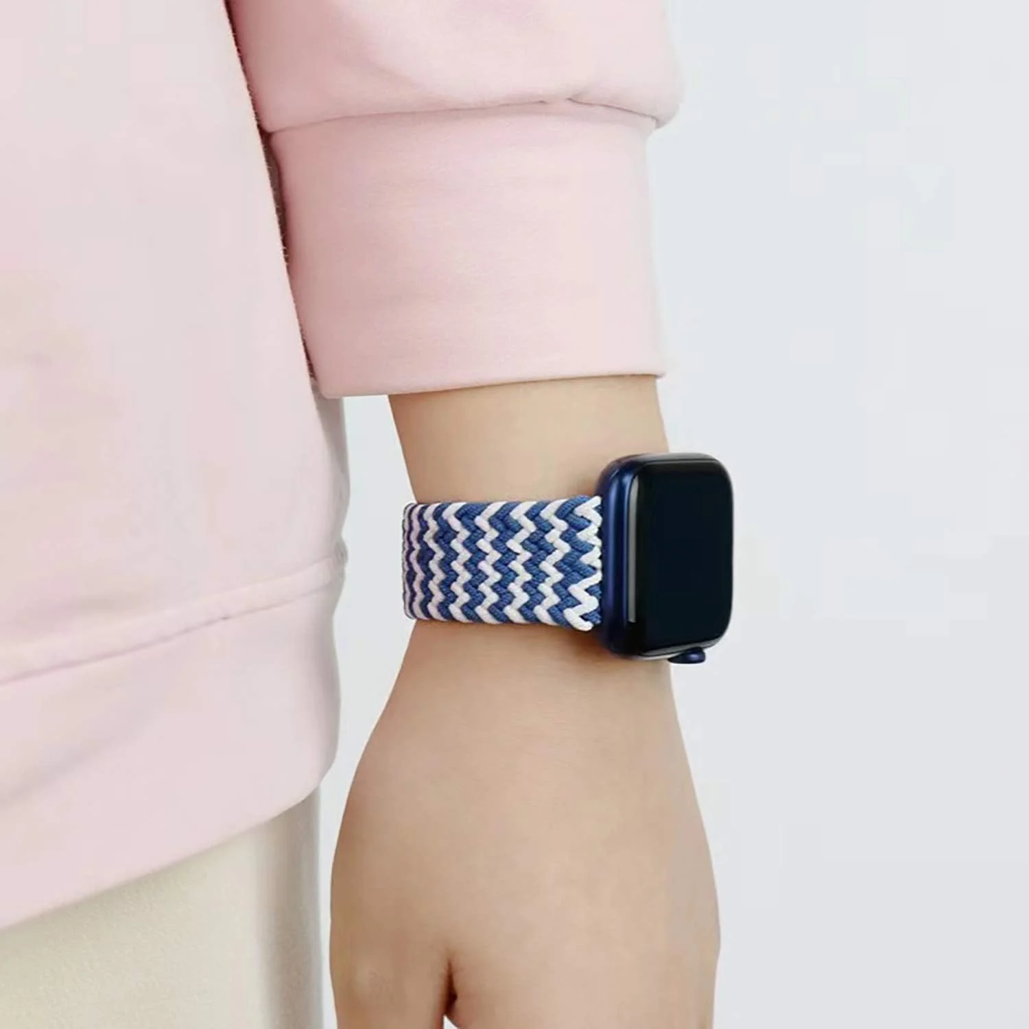 DL3 Mobilak Braided Solo Loop Band For Apple Watch Band 49mm 45mm 44mm 42mm, Replacement Wristband Nylon Strap for iWatch Series SE 9/8/7/6/5/4/3/2/1/Ultra/Ultra 2 (Small) - White Blue