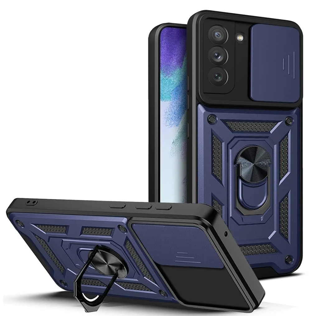 DL3 Mobilak Case for Samsung Galaxy S21 FE 5G with Slide Camera Cover, Military Grade Shockproof Protective Cover with Rotatable Metal Ring Kickstand [Support Magnetic Car Mount] - Blue