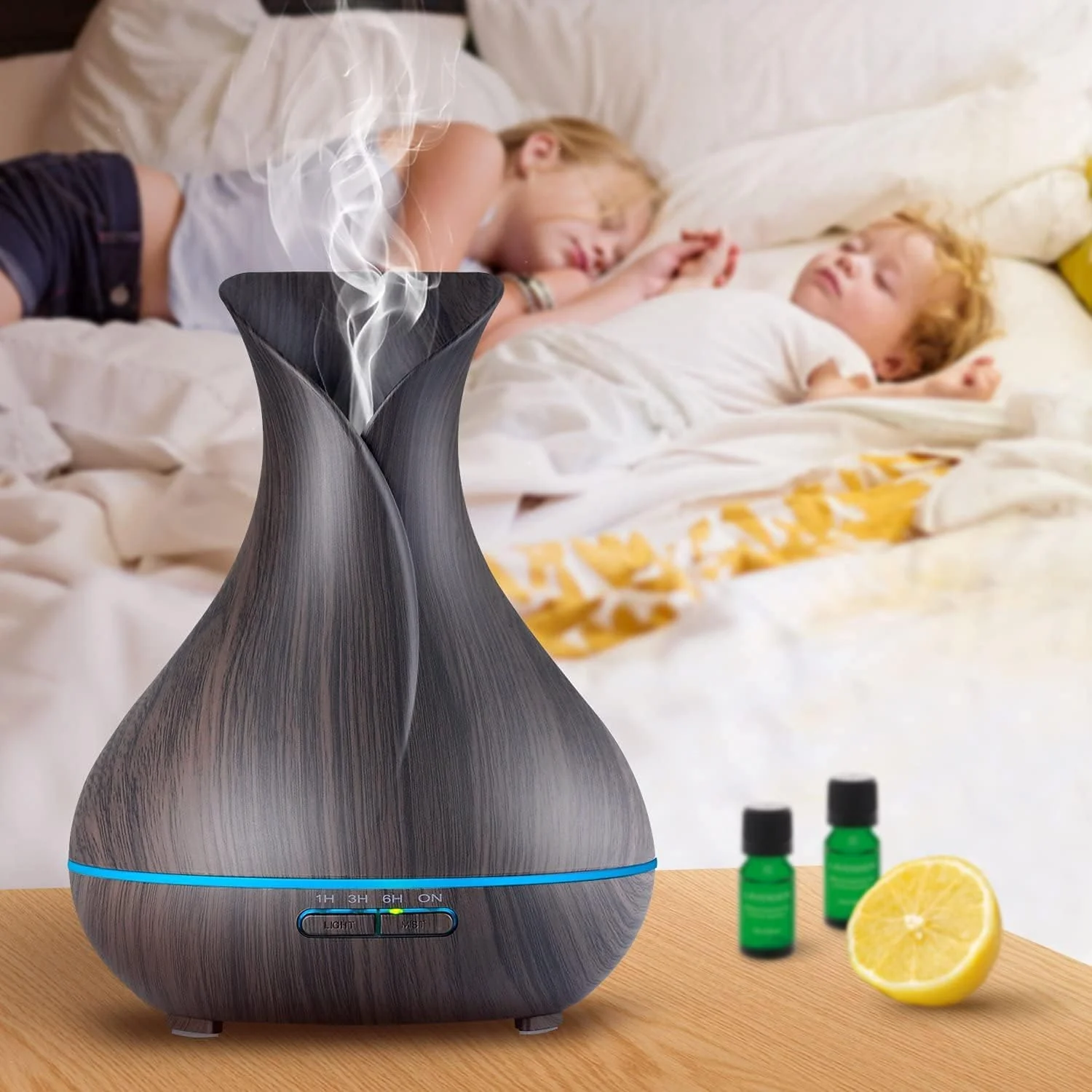 Mobigon Essential Oil Diffuser, Aromatherapy Diffuser 500ml with Remote Control, 4 Timer & Auto-Off Safety Switch, 7 Color LED Lights Mode, 10 Hours Quiet Humidifier for Bedroom - Dark Woody