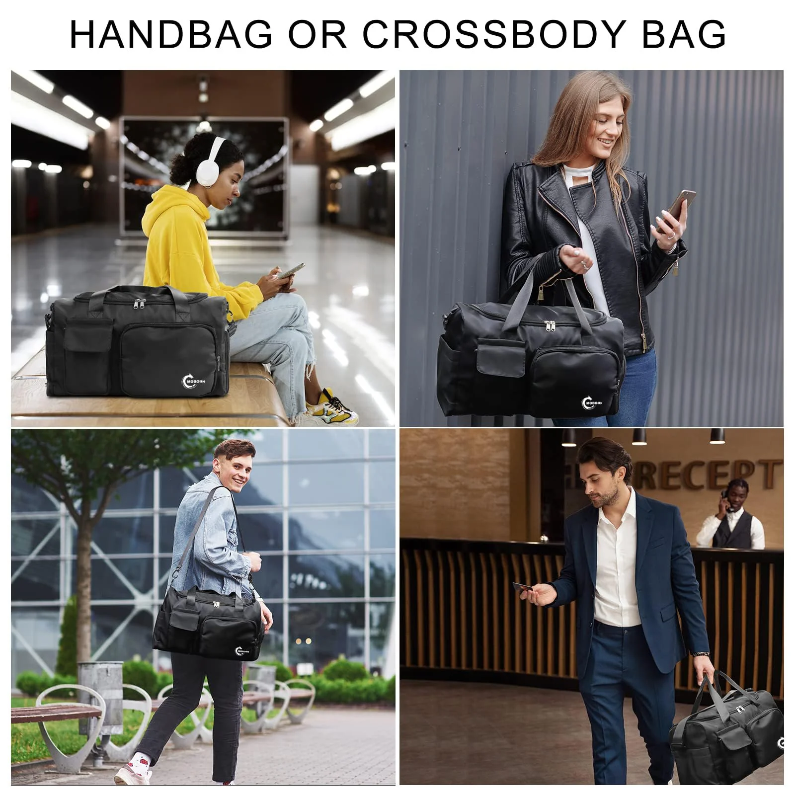 Mobigon Luxury Waterproof Leather Weekender Duffel with Dedicated Shoe & Wet Compartments, Large Capacity Travel and Gym Bag for Men & Women, Adjustable Shoulder Carry Design - Black