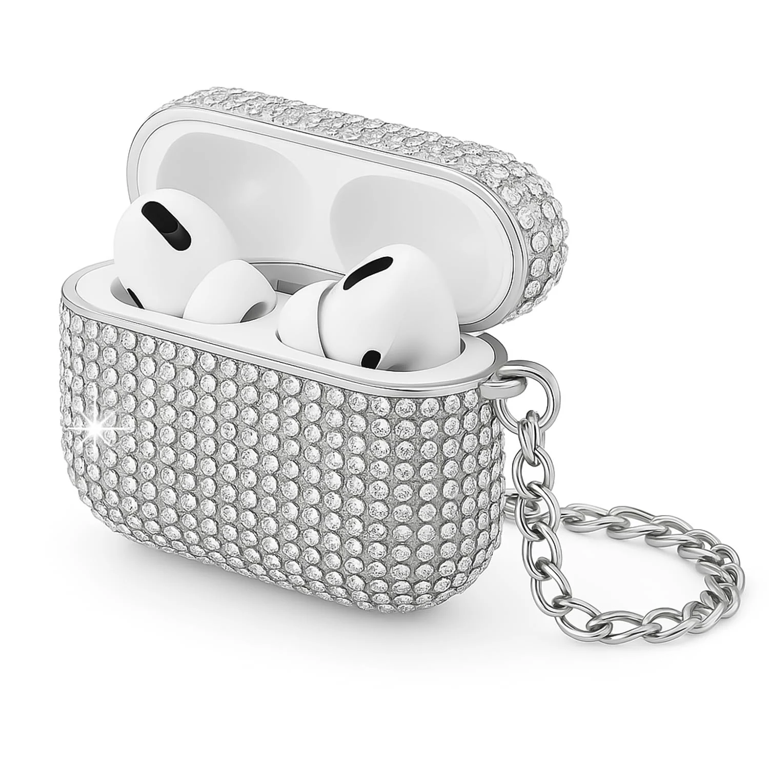 DL3 Mobilak Luxury Rhinestone Case Compatible with AirPods Pro 1/2 (Compatible with AirPods Pro 2nd/1st), Sparkling Glitter Protective Cover with Detachable Metal Hand Chain - Silver