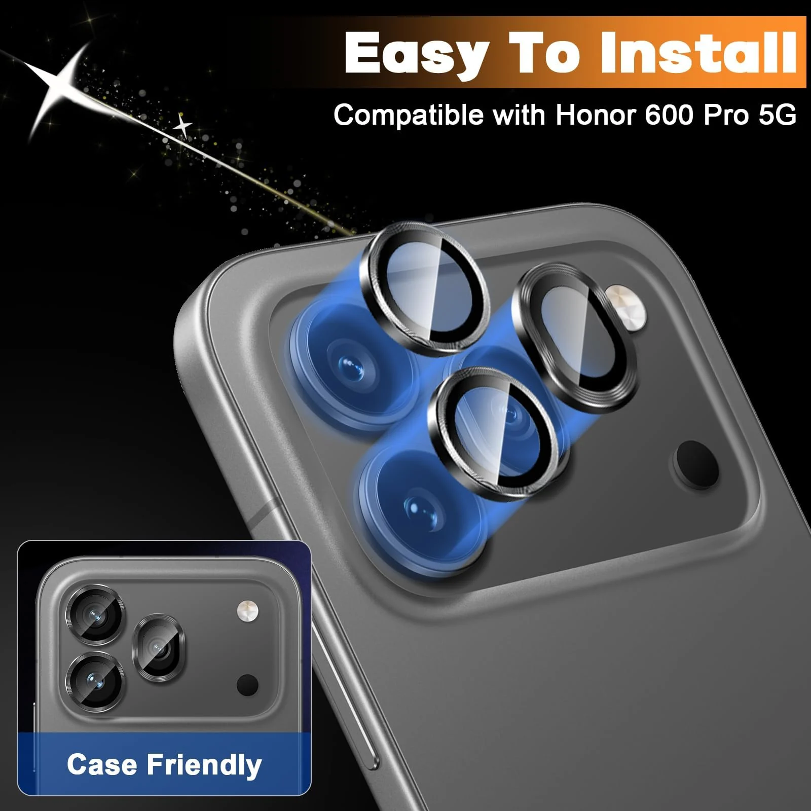 DL3 Mobilak Camera Lens Protector for Honor 600 Pro 5G Accessories, 9H Tempered Glass Metal Individual Ring Camera Cover Screen Protector, Case Friendly, Anti Scratch - Black