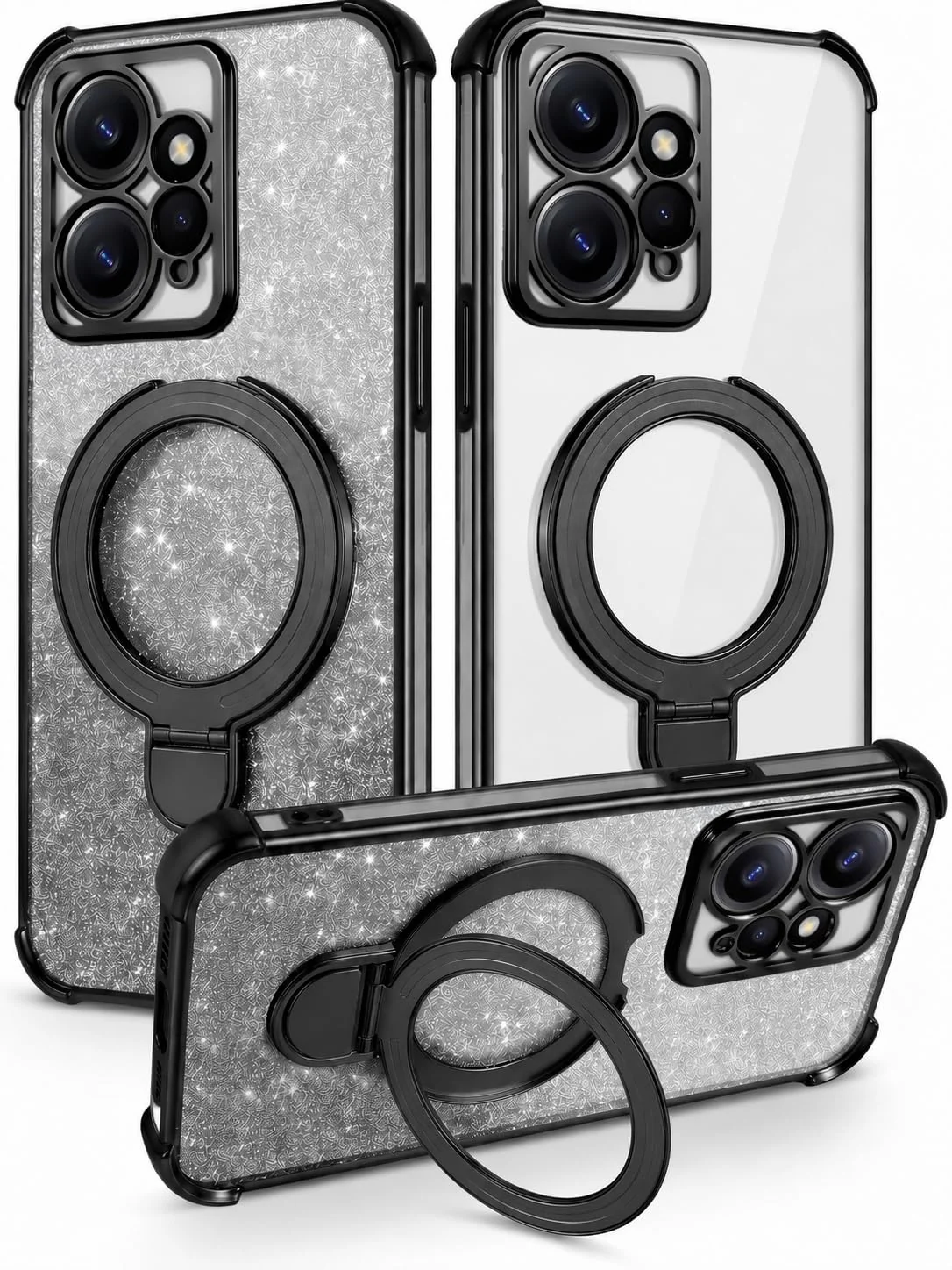 MOBIGON Glitter Phone Case with Magnetic Ring Stand for Xiaomi Redmi Note 12 4G, Black