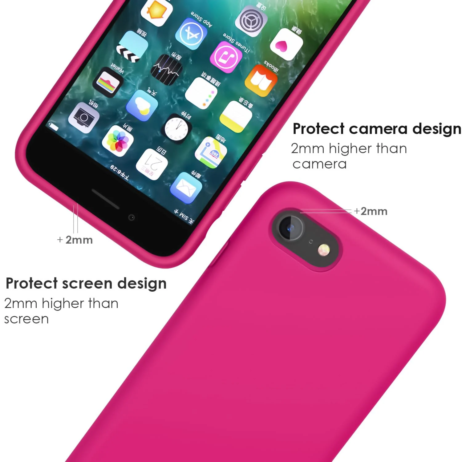 DL3 Mobilak Liquid Silicone Protective Case for iPhone SE 2022, SE 2020, iPhone 7, iPhone 8 with Camera Protection and Microfiber Lining - Neon Pink