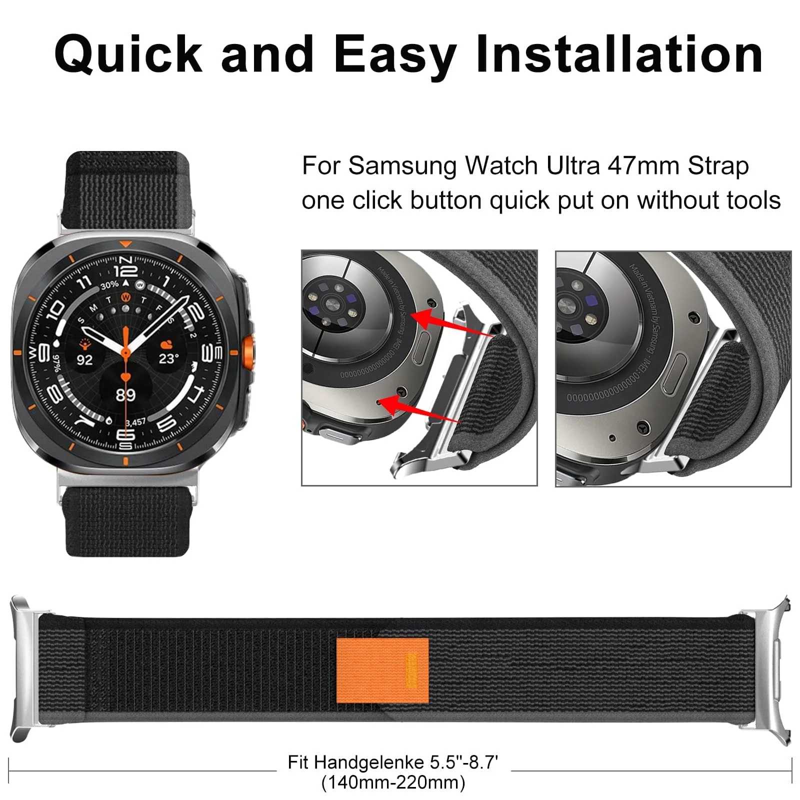 DL3 Mobilak For Samsung Galaxy Watch ultra Strap 47mm, One Click Trail Loop Strap for Men Women, Soft Nylon Sport Loop Elastic Replacement Wristband for Galaxy Watch 7 Ultra - Black Gray
