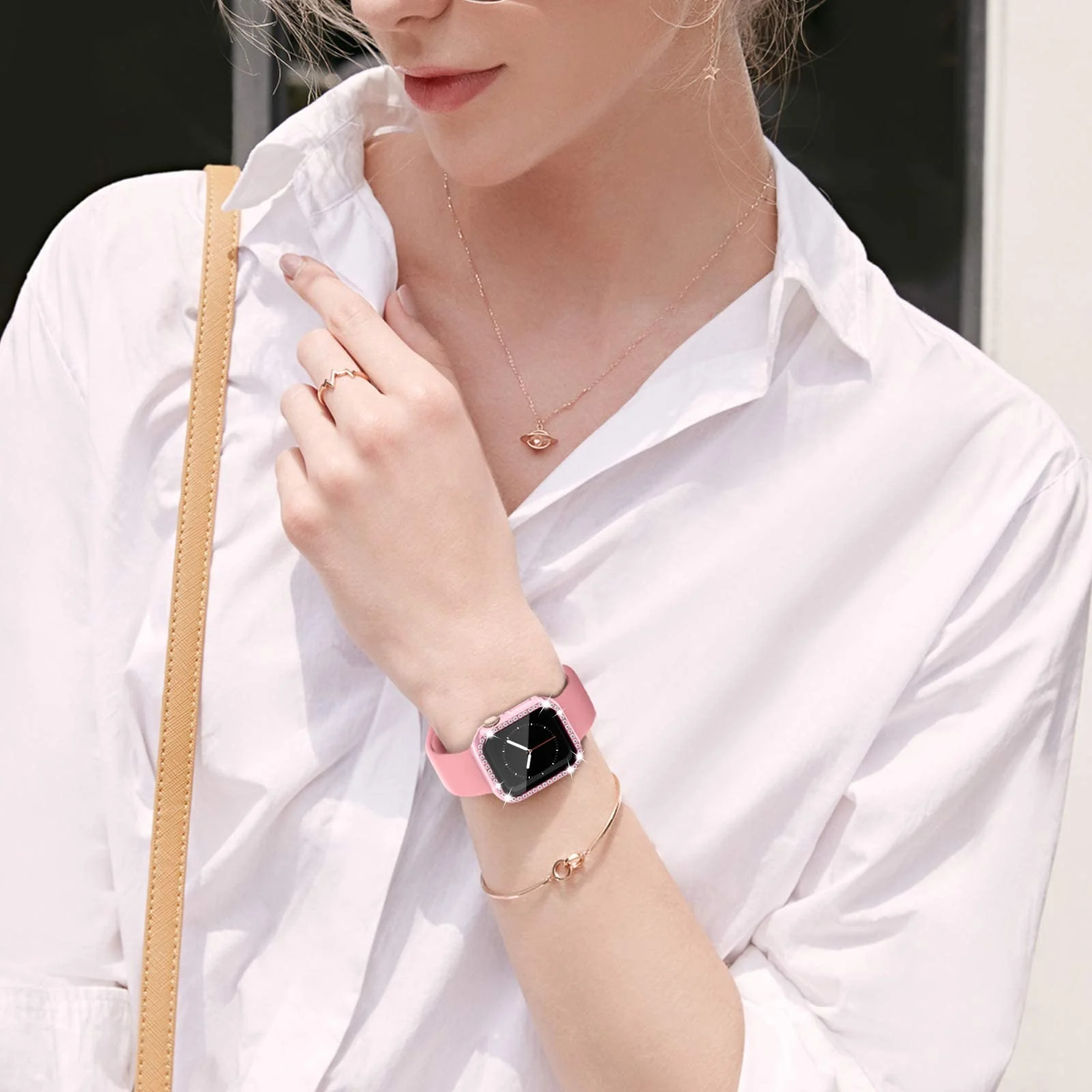 DL3 Mobilak Bumper Diamond Case Compatible with Apple Watch Series 8 Series 7 41mm, Bling Crystal Diamonds PC Plastic Protector Case Cover Frame For Apple Watch Series 8/7 41 mm - Pink