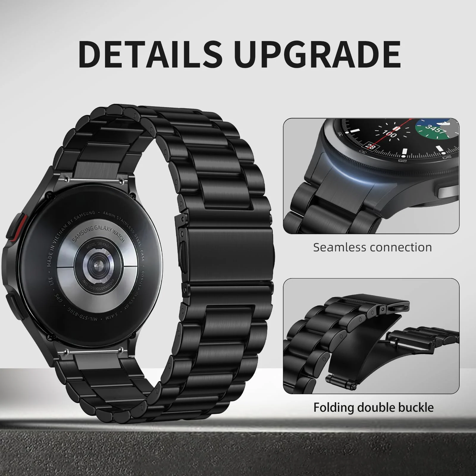DL3 Mobilak No Gap Straps Compatible with Samsung Galaxy Watch 7/6/5/4 44mm 40mm, 20mm Metal Band for Galaxy Watch FE/6 Classic 47mm 43mm/5/5 Pro 45mm/4/4 Classic 46mm 42mm - Black