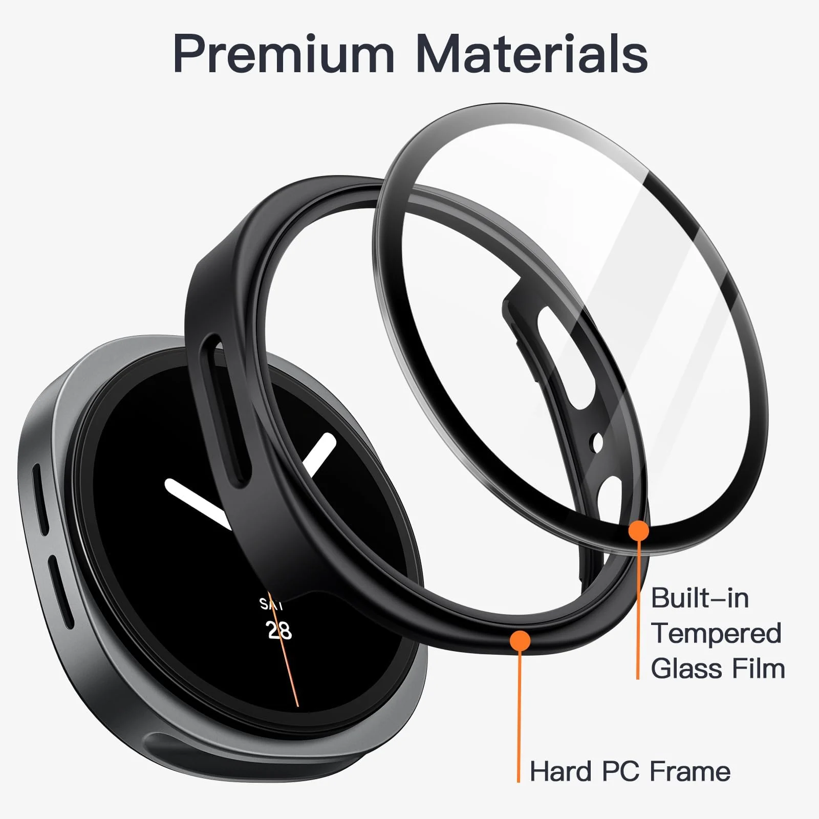 DL3 Mobilak Case Compatible with Samsung Galaxy Watch 8 44mm, Full Coverage Slim Hard Case Protective Bumper Built-in Tempered Glass Screen Protector Shell for Galaxy Watch8 44 mm - Black