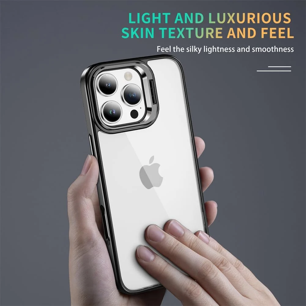 DL3 Mobilak Clear PC and TPU Case with Camera Ring Kickstand and Lens Protector for iPhone 16 - Black