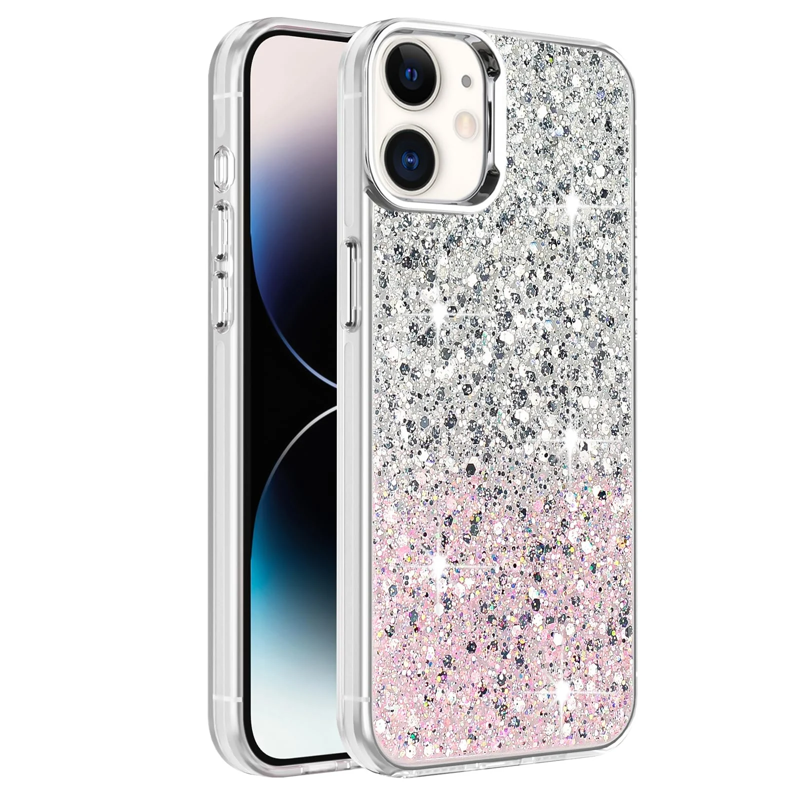 DL3 Mobilak Compatible with Apple iPhone 11 Case, Clear Glitter Bling Sparkly, Soft TPU Frame Bumper, Hard-Back Cover for Women & Girls, Transparent Protective Phone Case - White Pink