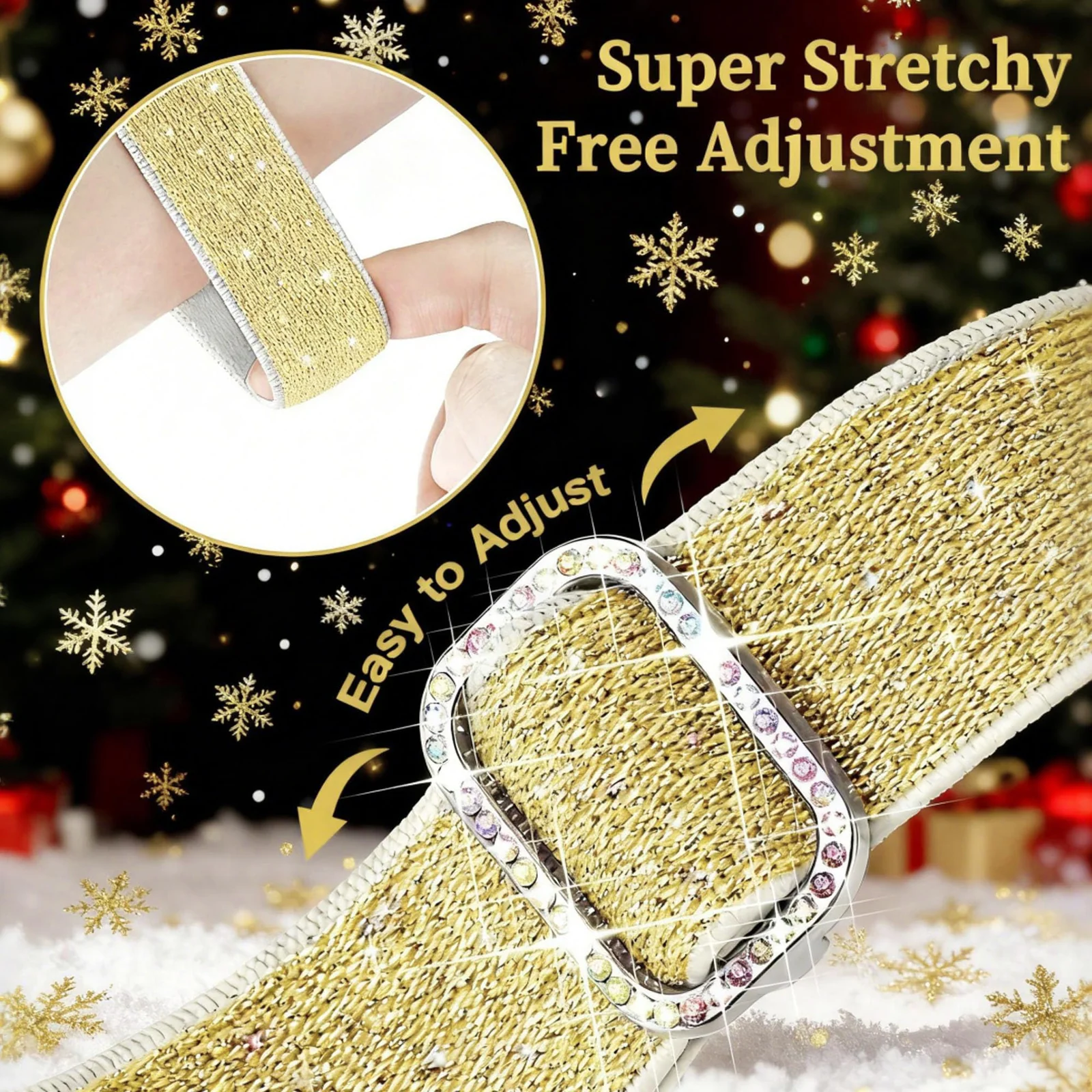 DL3 Mobilak Stretchy Bling Band For Apple Watch 49mm 46mm 45mm 44mm 42mm Women, Nylon Sparkly Strap Solo Loop Glitter Wristband for iWatch Series 11 10 9 8 7 6 5 4 SE3 SE2 SE Ultra 3 2 1 - Gold White