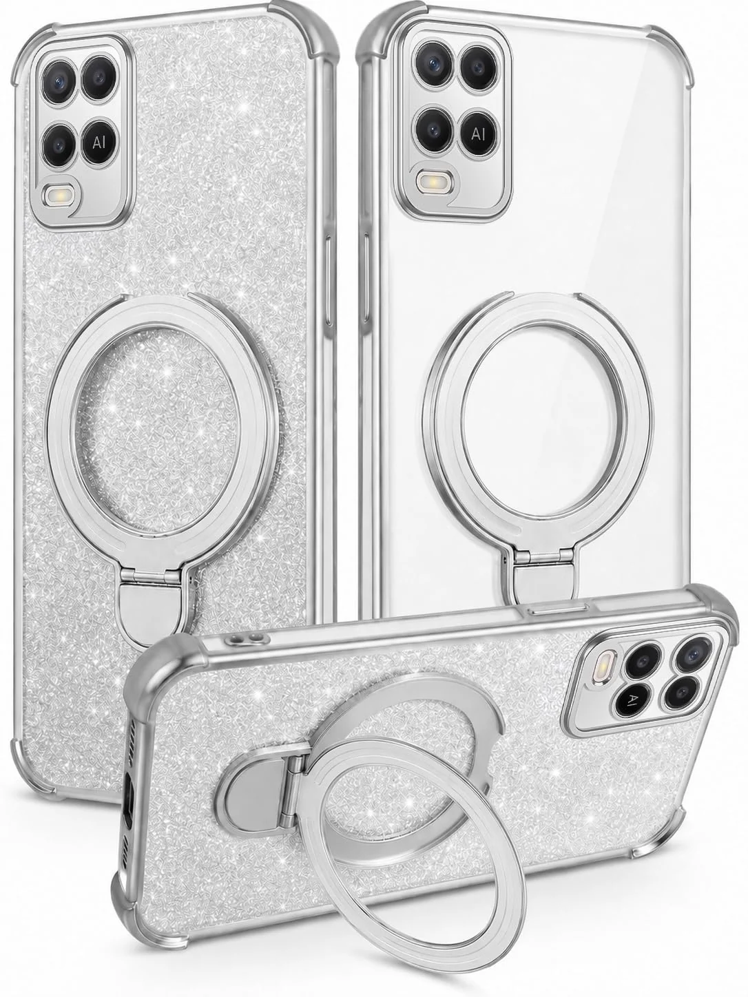 Mobigon Glitter Phone Case Compatible with OPPO A54 4G, Magnetic Ring Stand Shockproof Cover, Clear Soft TPU Bumper with Full Camera Protection - Silver