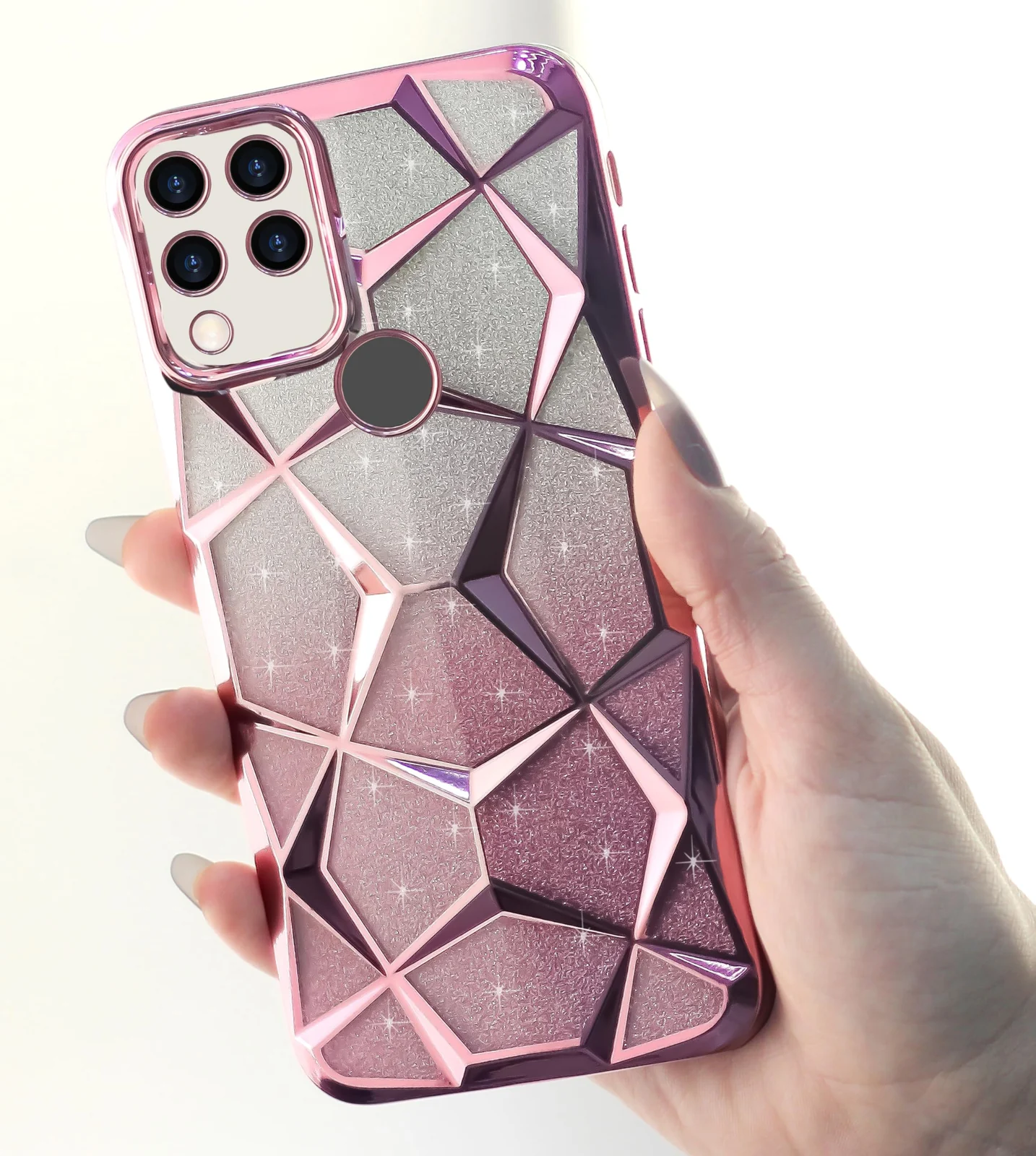 DL3 Mobilak Compatible with realme C15 Case Plating Bling Gradient Glitter Clear Cover Soft TPU Silicone Cute Camera Protection Shockproof Back for Women Girls Case - Pink