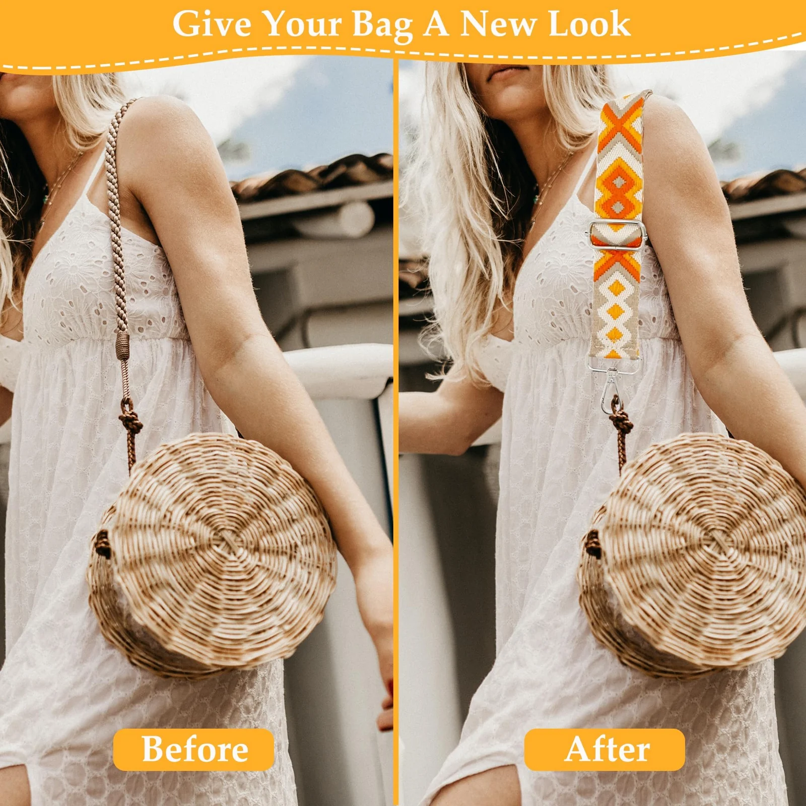 DL3 Mobilak Adjustable Wide Crossbody Bag Strap for Women, Replacement Shoulder Strap for Handbags, Totes & Purses with Elegant Embroidered Pattern and Metal Hooks - Orange Diamond