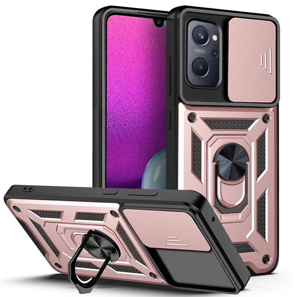 DL3 Mobilak Protective Case with Sliding Camera Cover, Metal Ring Kickstand and Magnetic Car-Mount Support for realme 9i / OPPO A96 4G / OPPO A76 / OPPO A36 - Rose Gold