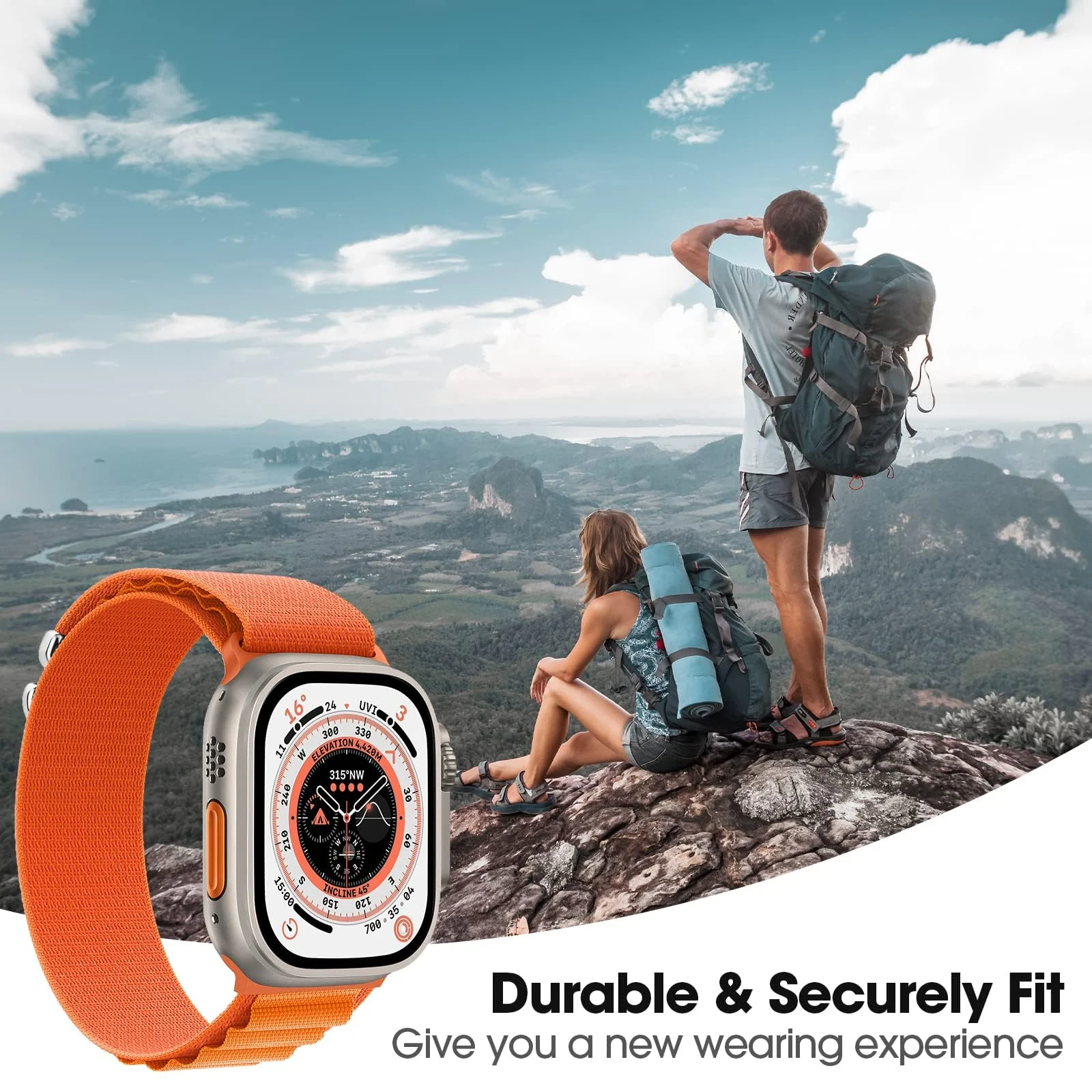 DL3 Mobilak Trail/Alpine Loop Nylon Band Compatible with Apple Watch Ultra 2/Ultra Band 49mm 45mm 44mm 42mm, Adjustable with Metal C-Hook Strap for iWatch Ultra Series 9/8/7/6/5/4/3/2/1/SE2/SE - White Black